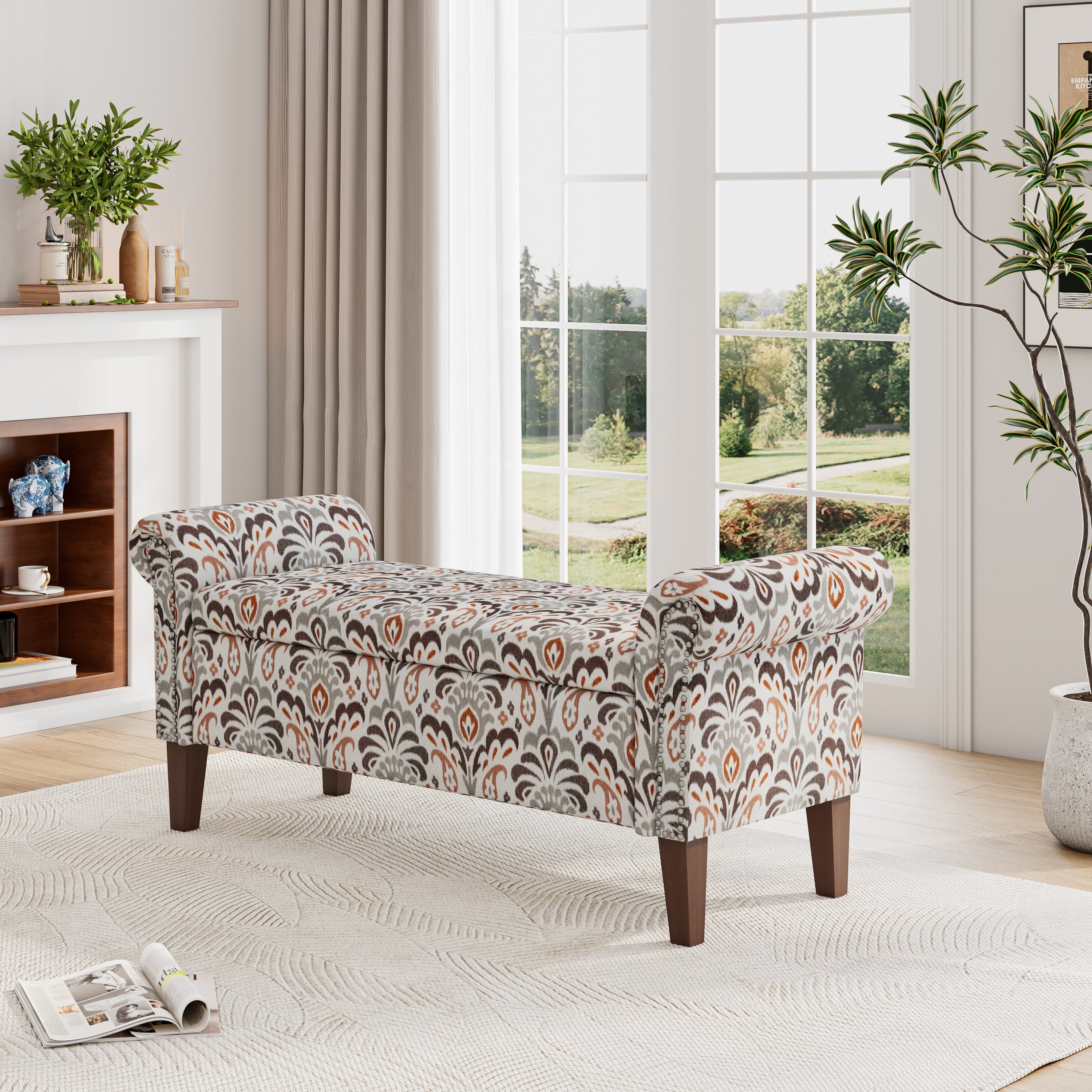 Wallen Traditional Rolled Arm Storage Bench Ottoman With Pewter Nailhead Trim In Black Floral With Dark Brown Solid Wood Legs