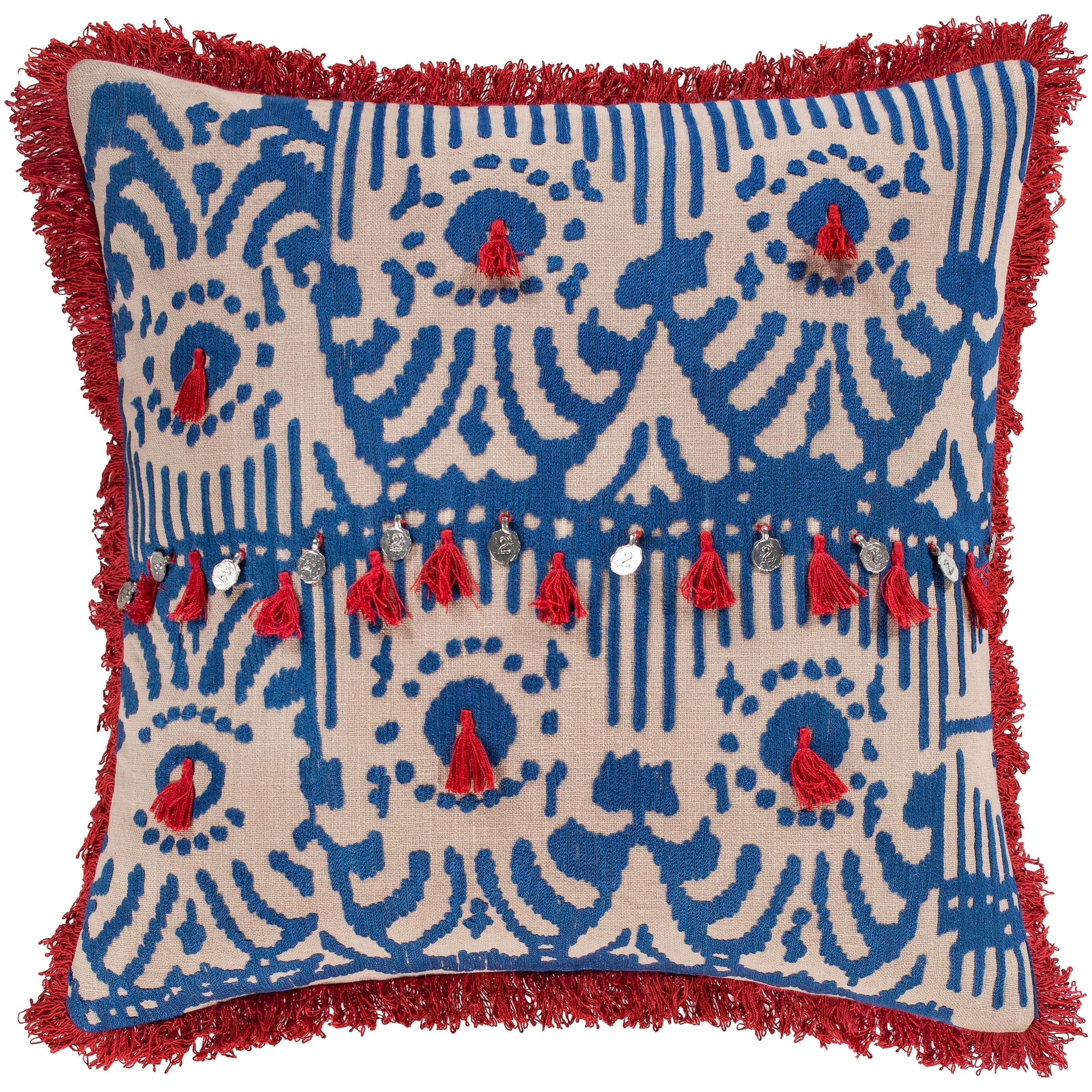 Wallie Embroidered Ikat Red And Blue Throw Pillow