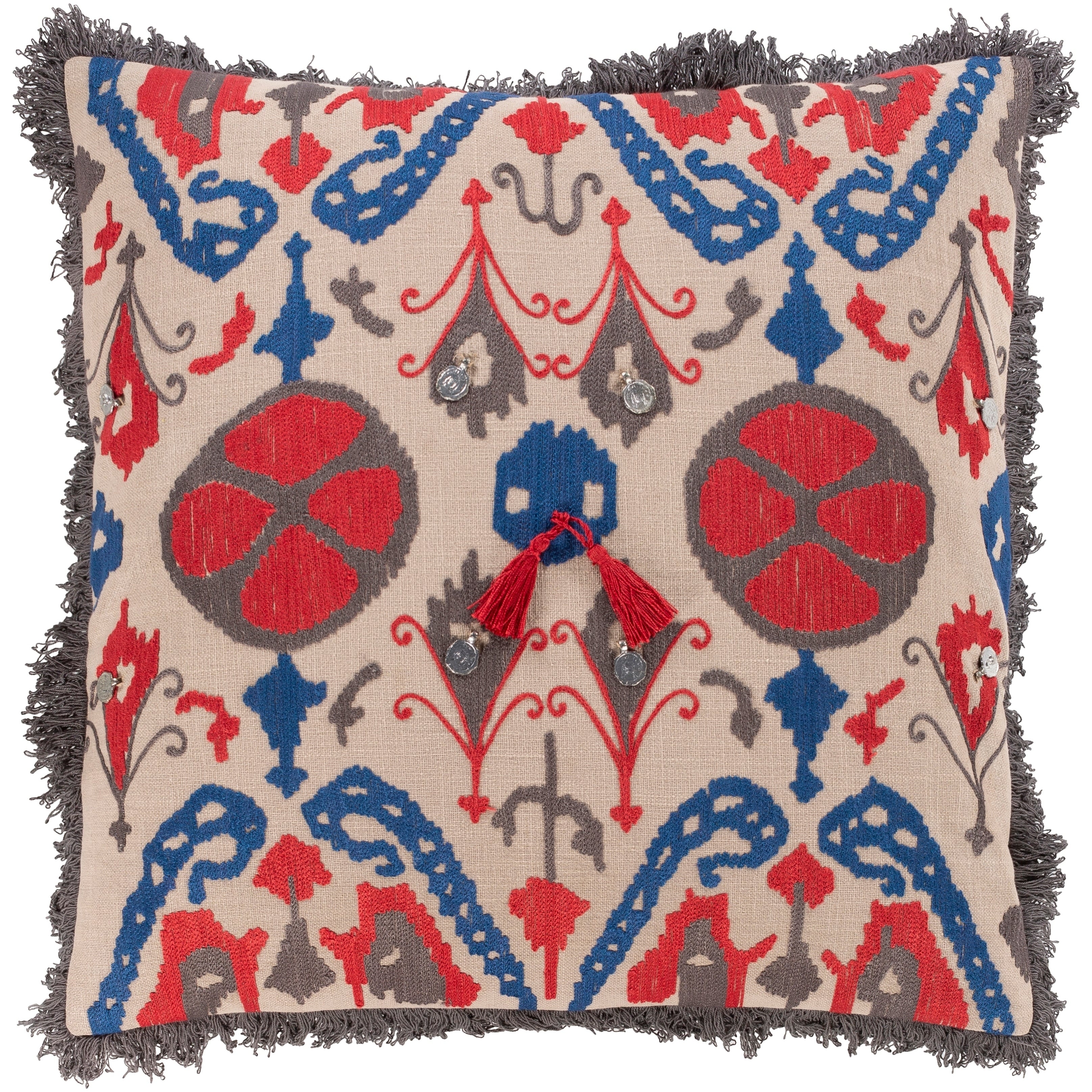 Wallie Embroidered Tribal Red And Blue Throw Pillow