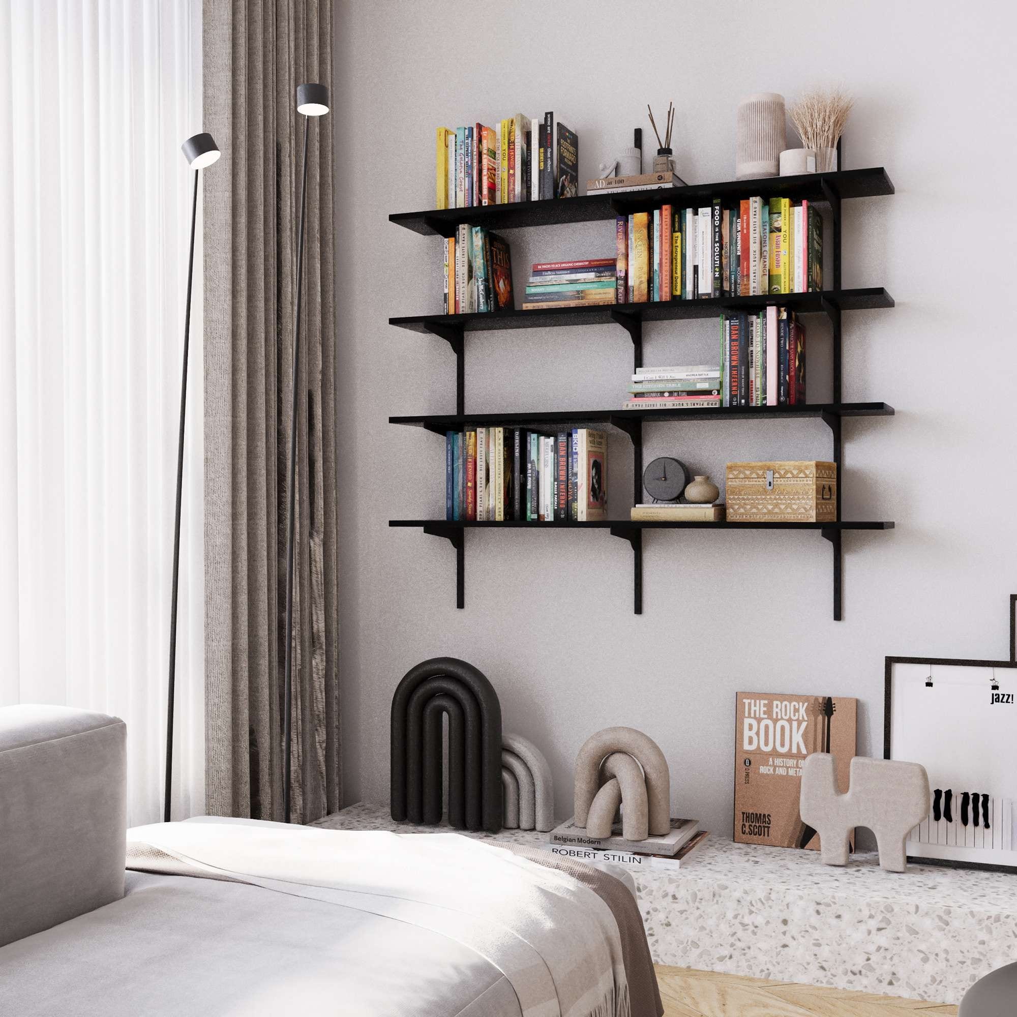 Wallniture Turin 48 Black Floating Wall Shelf With Adjustable Brackets Hanging Shelves Wall Mounted Boho Decor Tier Options