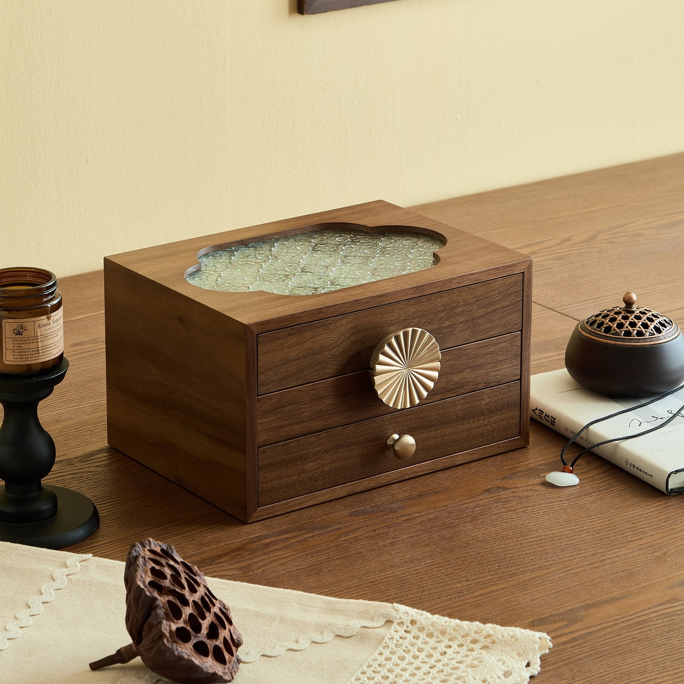 Walnut Color Pull Out With Brass Handles And Glass Skylight 3 Tiered Jewelry Box 10.24