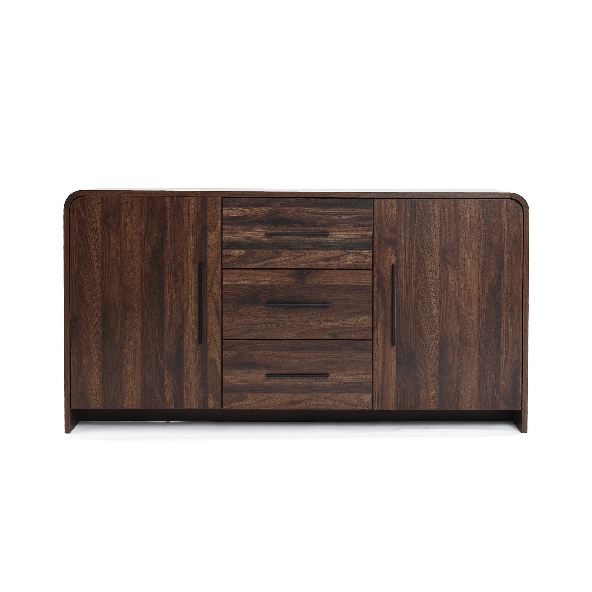 Walnut Finish Engineered Wood 2 Door 3 Drawer Sideboard Cabinet With Rounded Corners 31.69 H X 59.06 W X 15.75 D