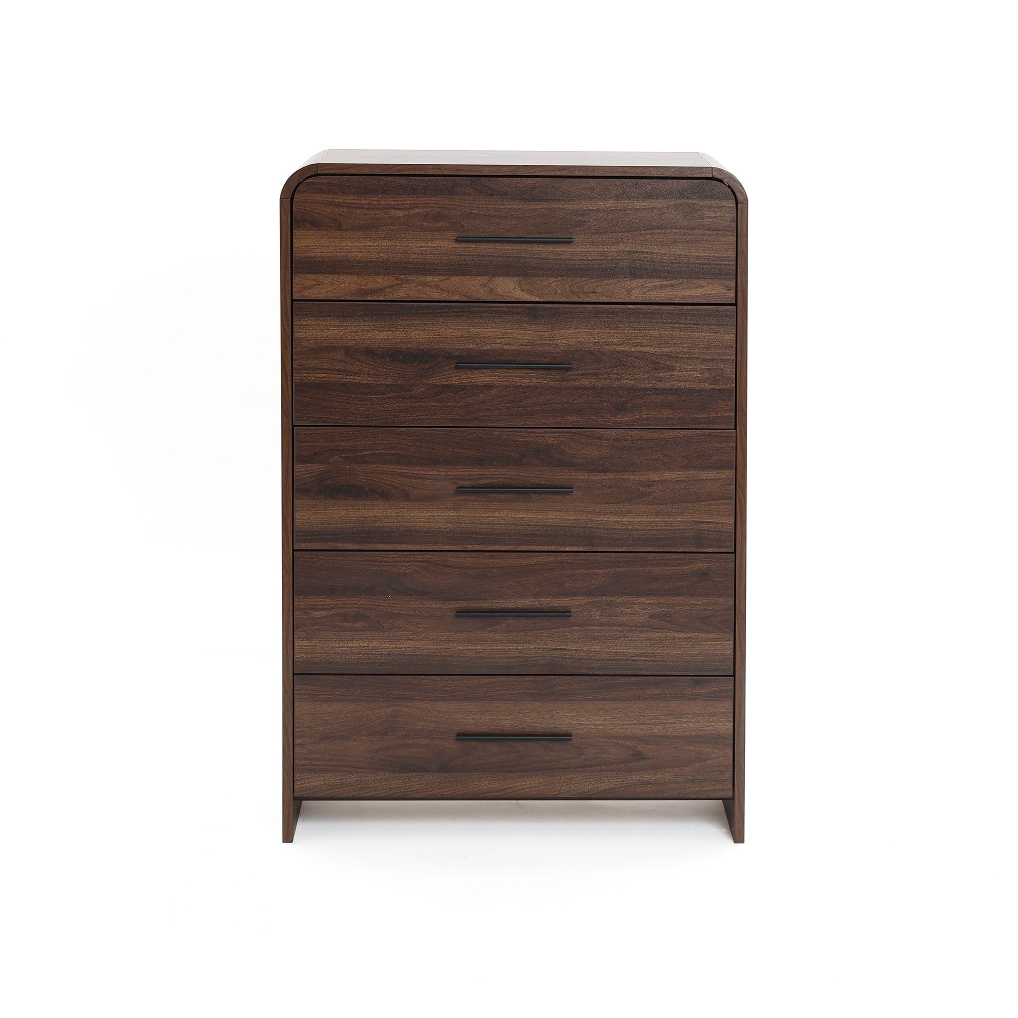 Walnut Finish Engineered Wood 5 Drawer Vertical Chest With Rounded Corners