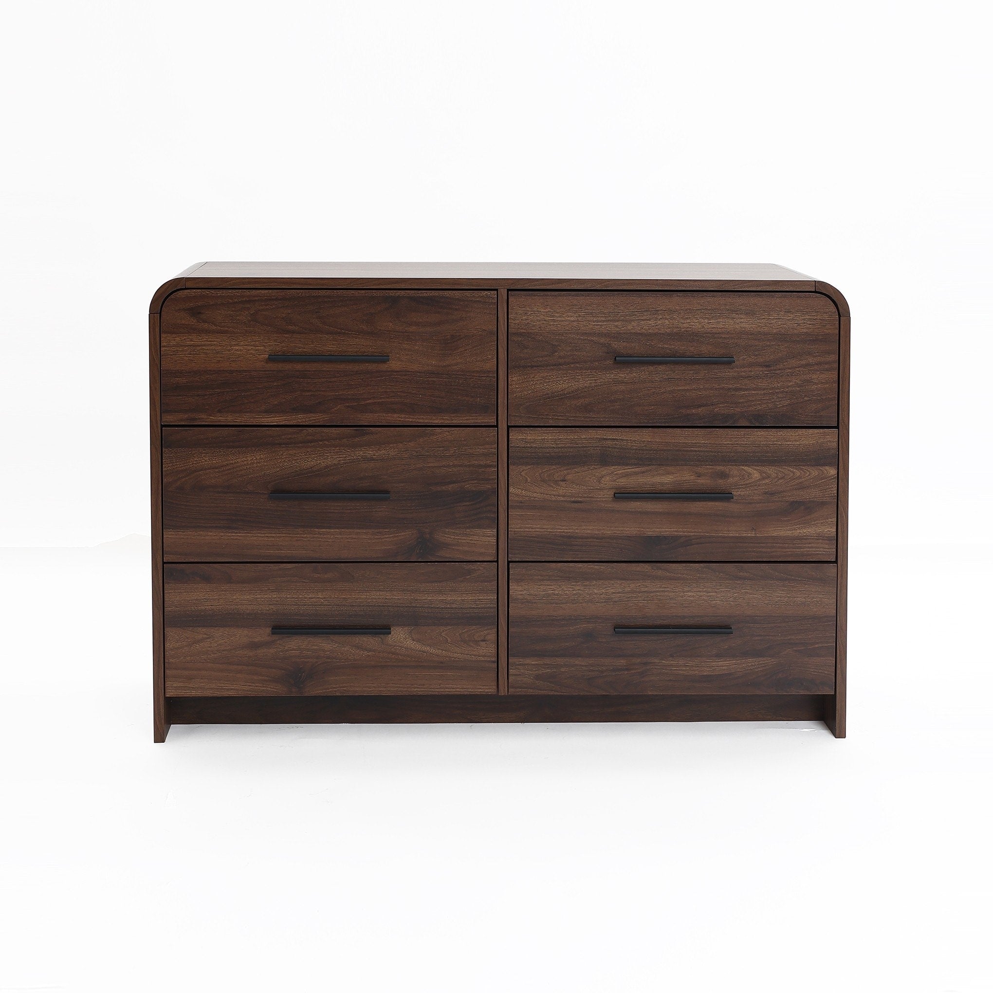 Walnut Finish Engineered Wood 6 Drawer Horizontal Dresser With Rounded Corners
