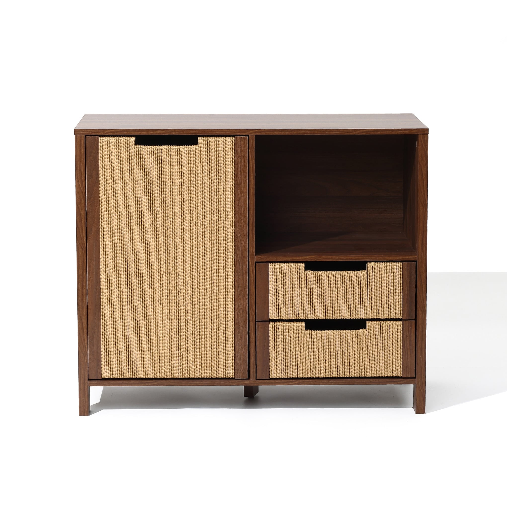 Walnut Finish Mdf Wood With Rope Front 1 Door 2 Drawer Cabinet