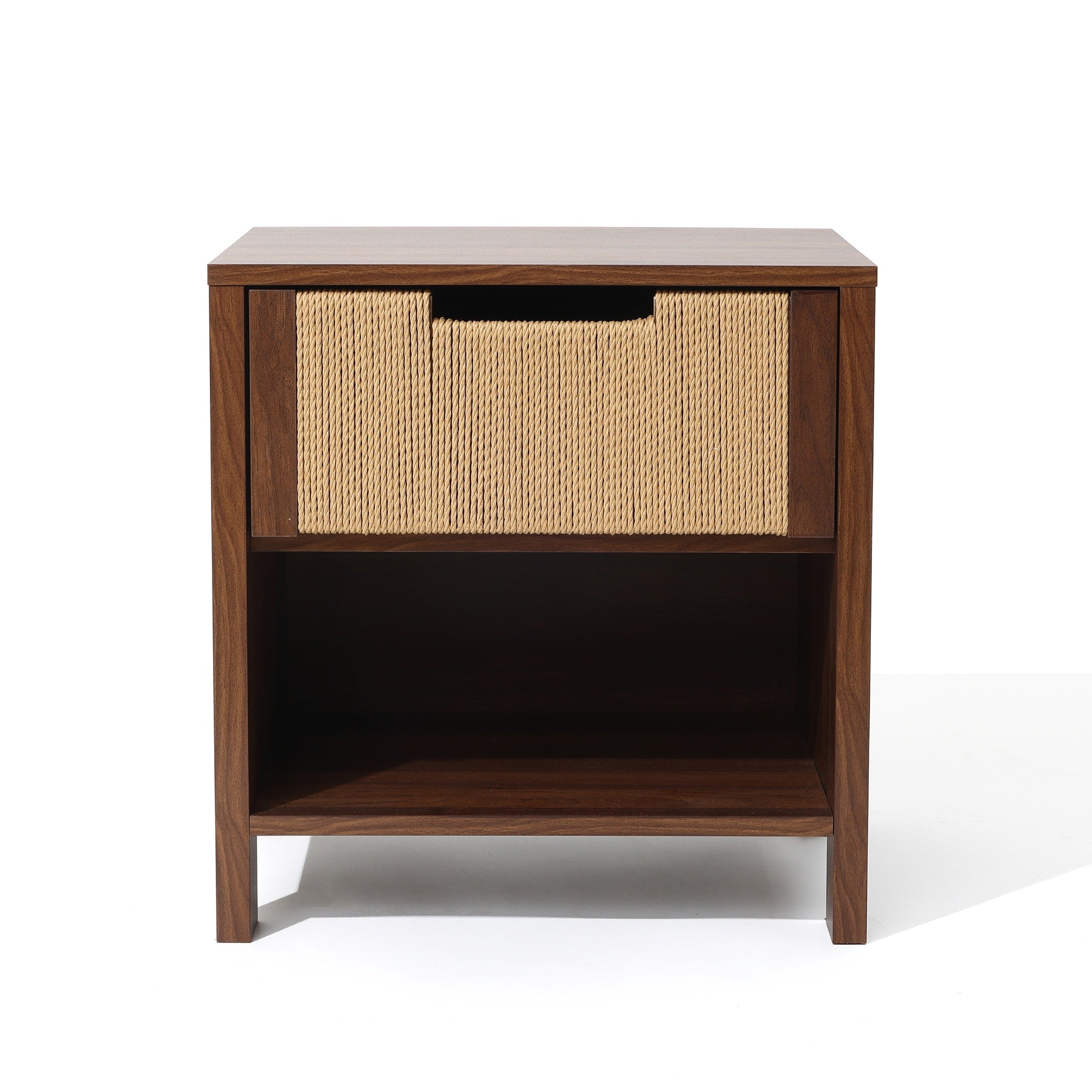 Walnut Finish Mdf Wood With Rope Front 1 Drawer Nightstand And End Table