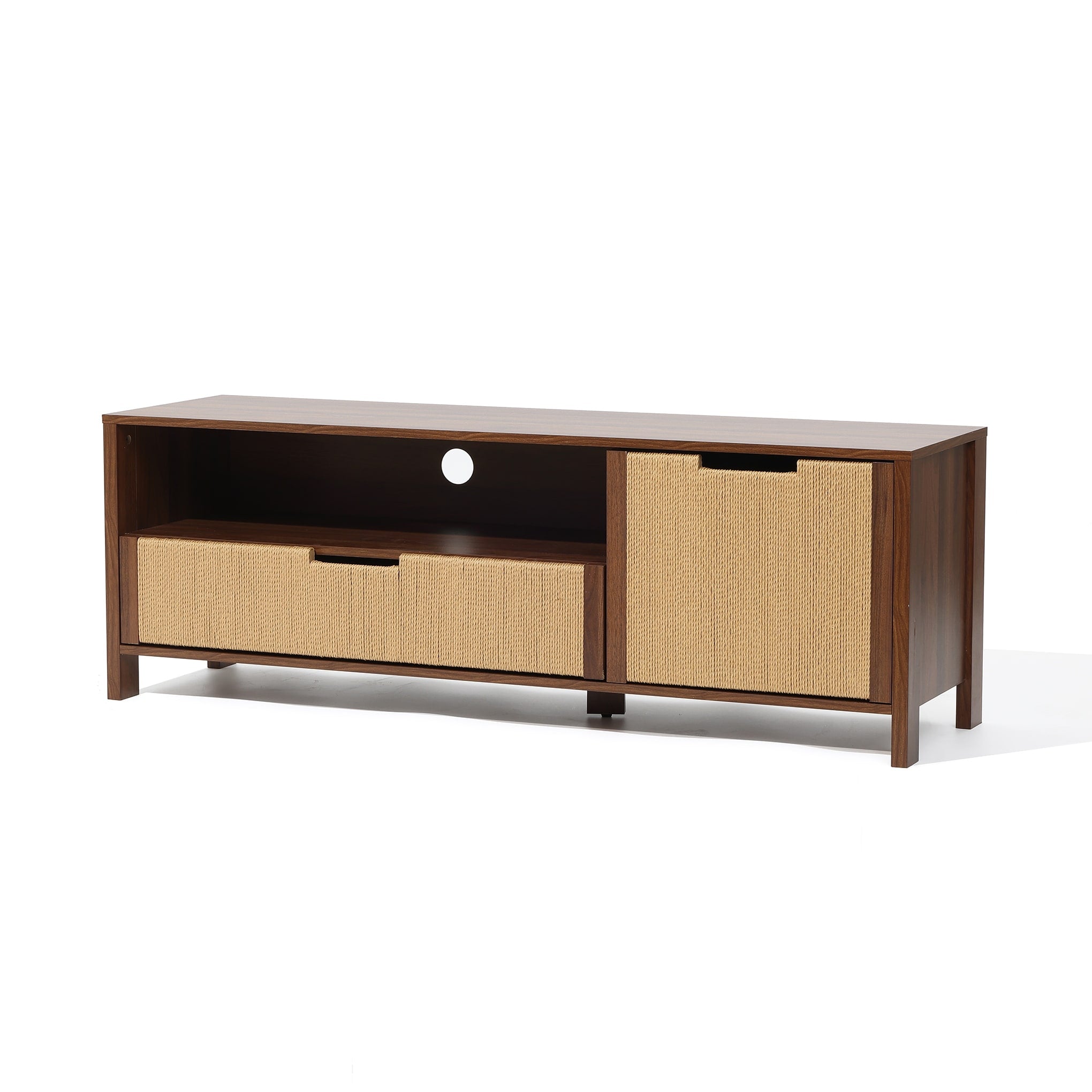 Walnut Finish Mdf Wood With Rope Front Tv Console With Storage 18.9 H X 55.11 W X 15.75 D