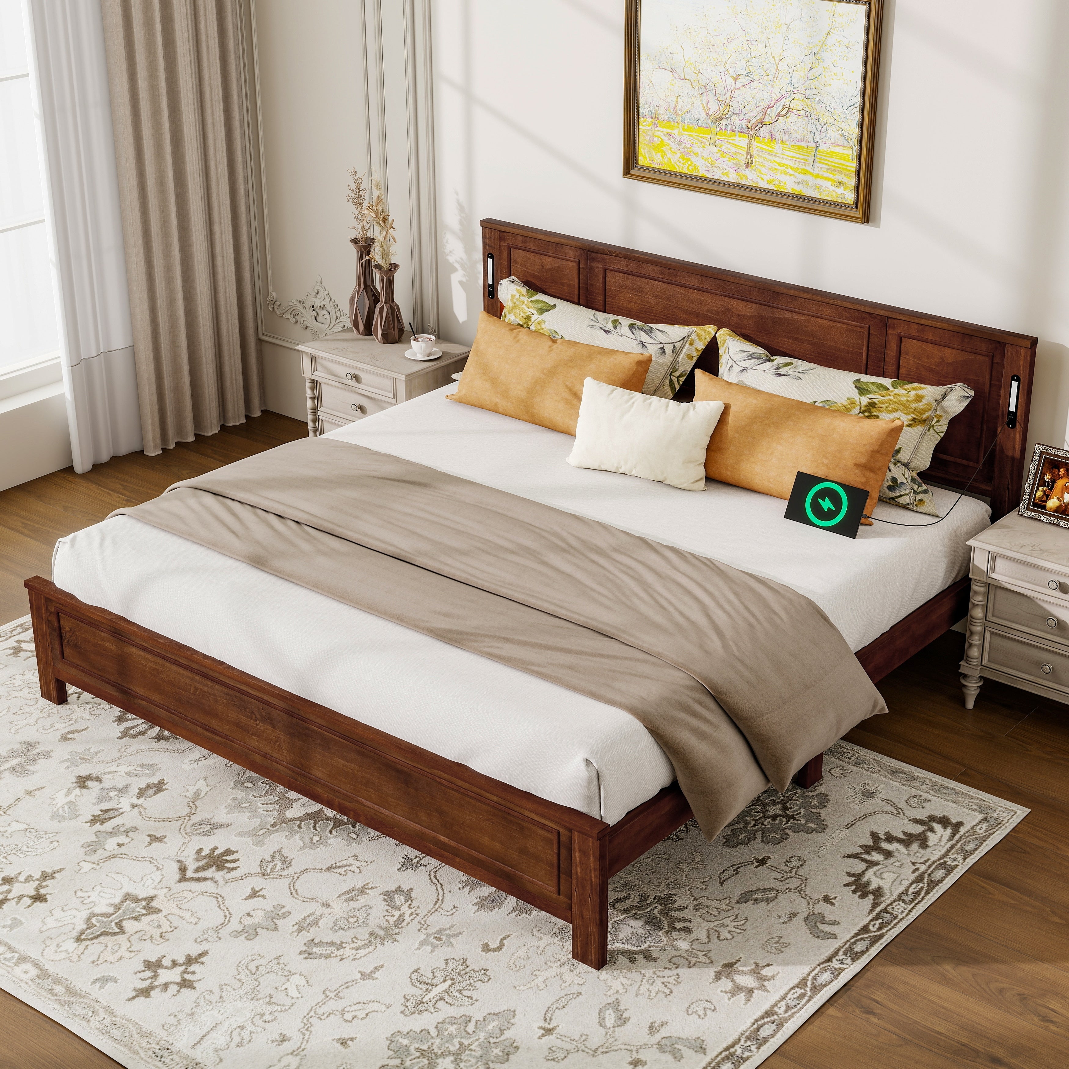 Walnut King Size Platform Bed Frame With Headboard Footboard