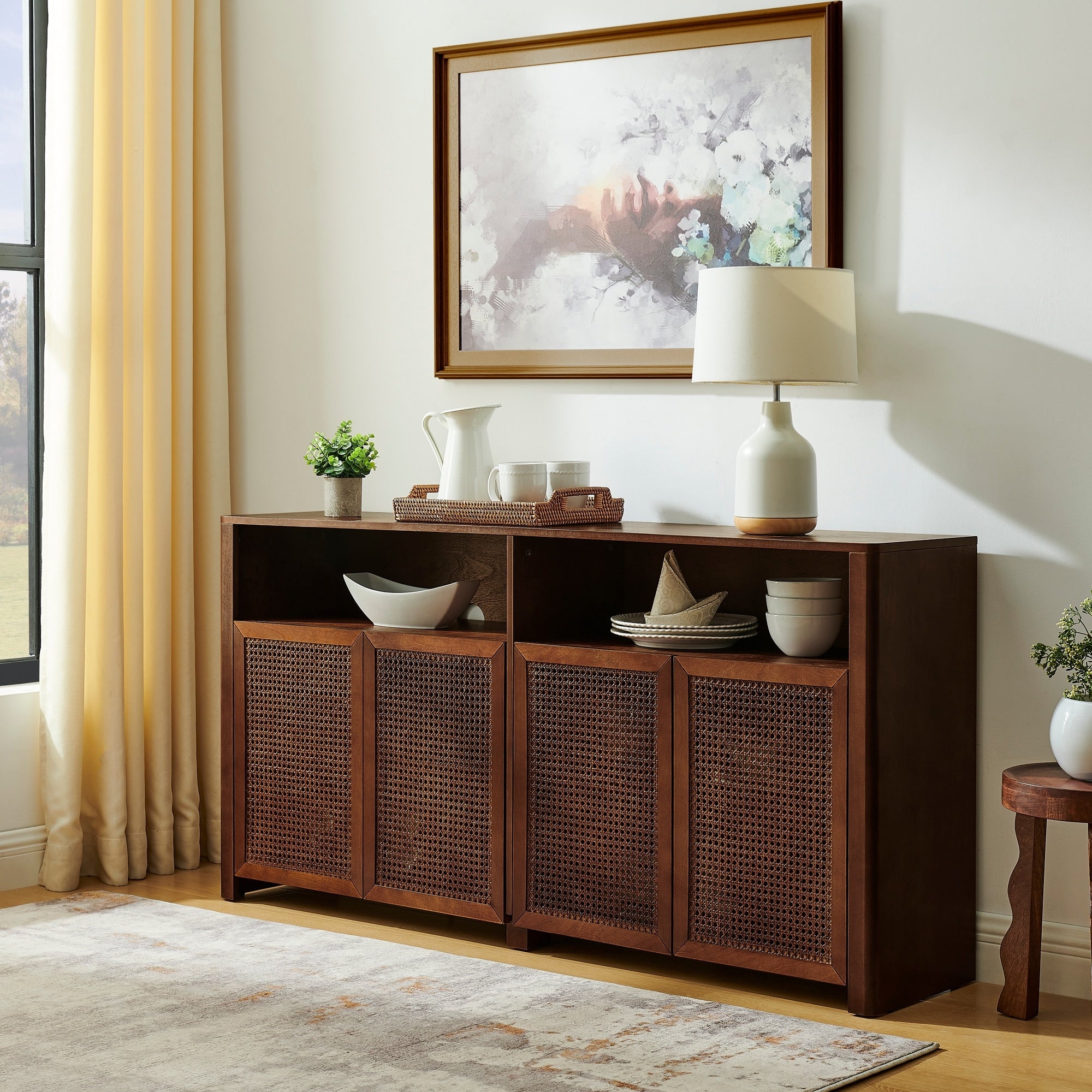 Walnut Rattan Sideboard Buffet Cabinet With Doors Credenza Console Cabinet Side Cabinet Pantry Cabinet With Shelves