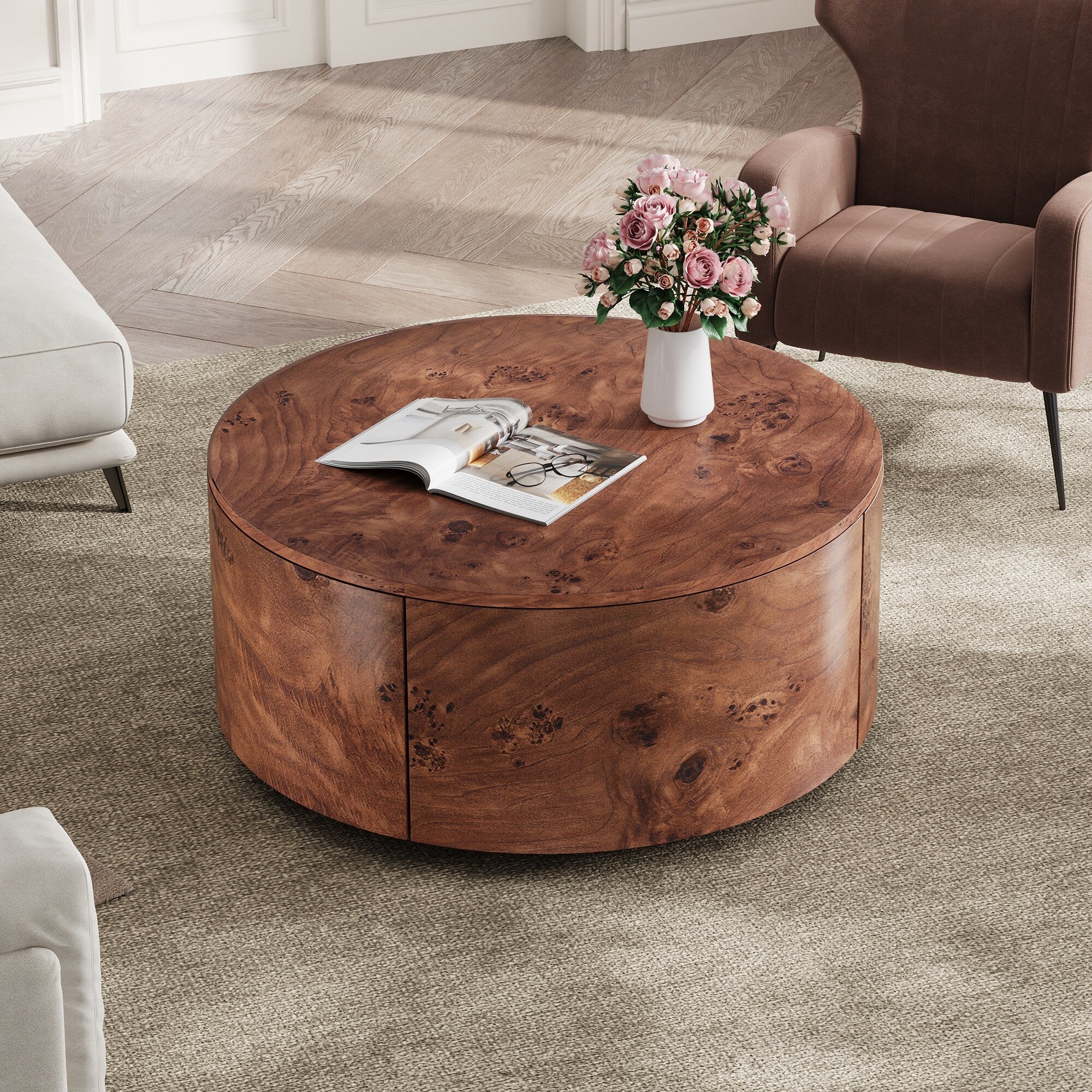 Walnut Rotating Coffee Table Center Table With 2 Drawers Side Table Cocktail Table Accent Table For Living Room