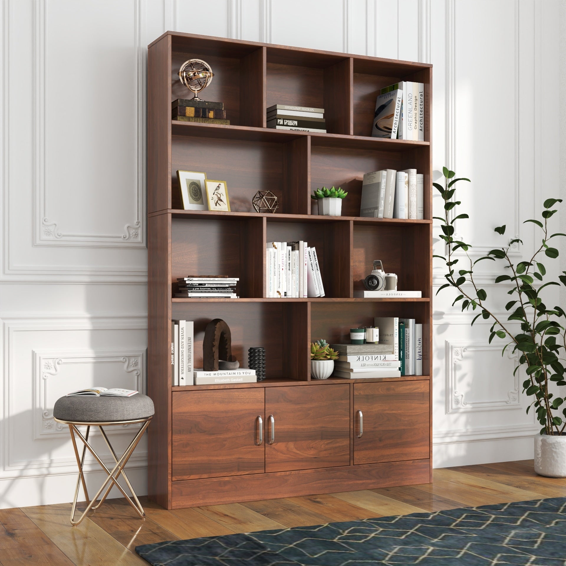 Walnut Tall Bookcase Side Cabinet With 3 Doors Modern Display Cabinet File Cabinet Accent Cabinet Storage Organizer