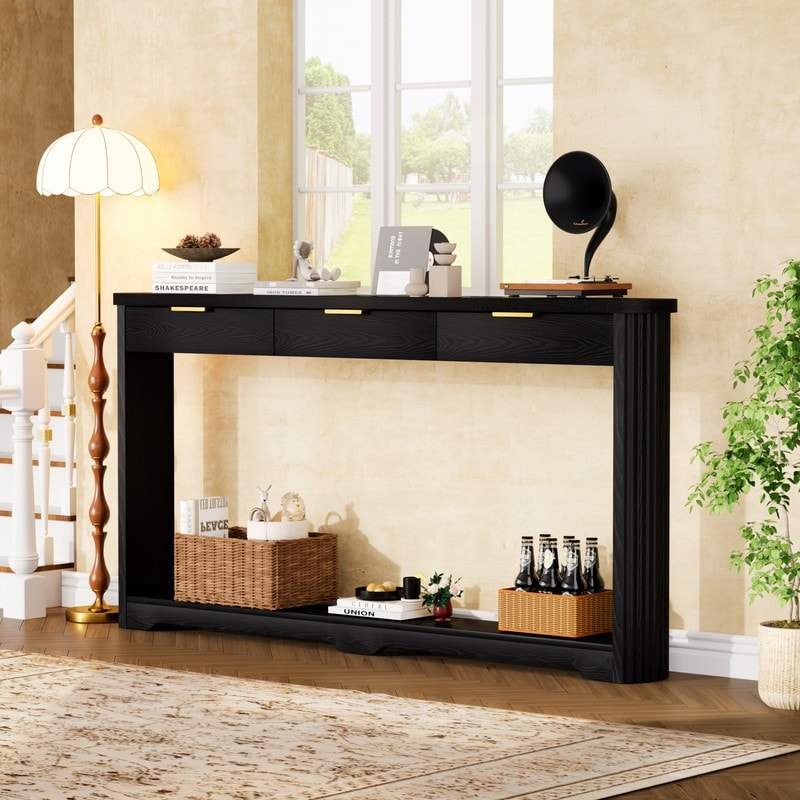Walnut Wavy Pattern Storage Table With Drawers Slim Wooden Behind Sofa For Entryway Hallway Doorway