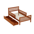 Full Twin Walnut Wood Platform Bed With Guardrails On Both Sides And 2 Storage Drawers