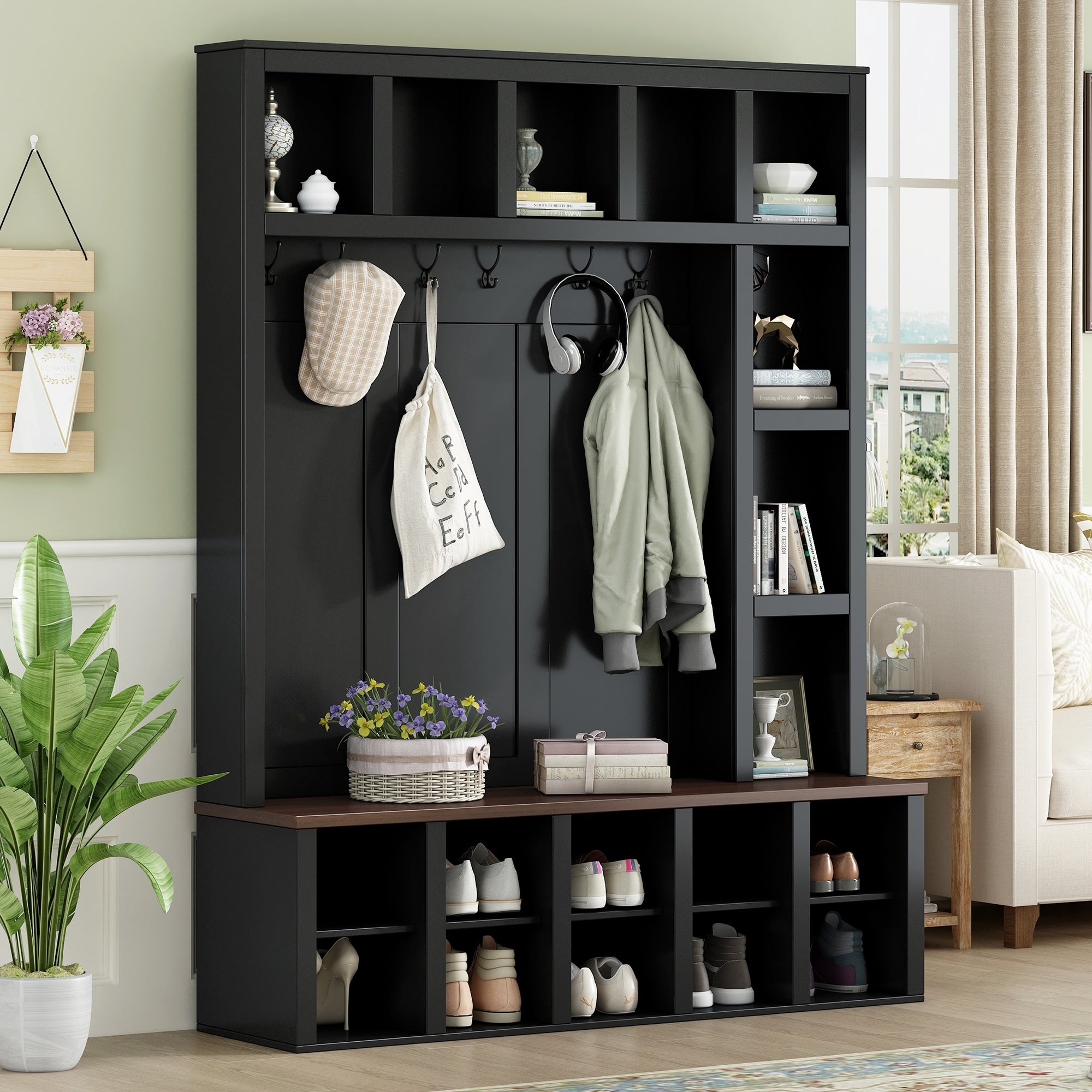 Walnut Wooden Hall Tree With Adjustable Shelves And 6 Hooks For Entryway