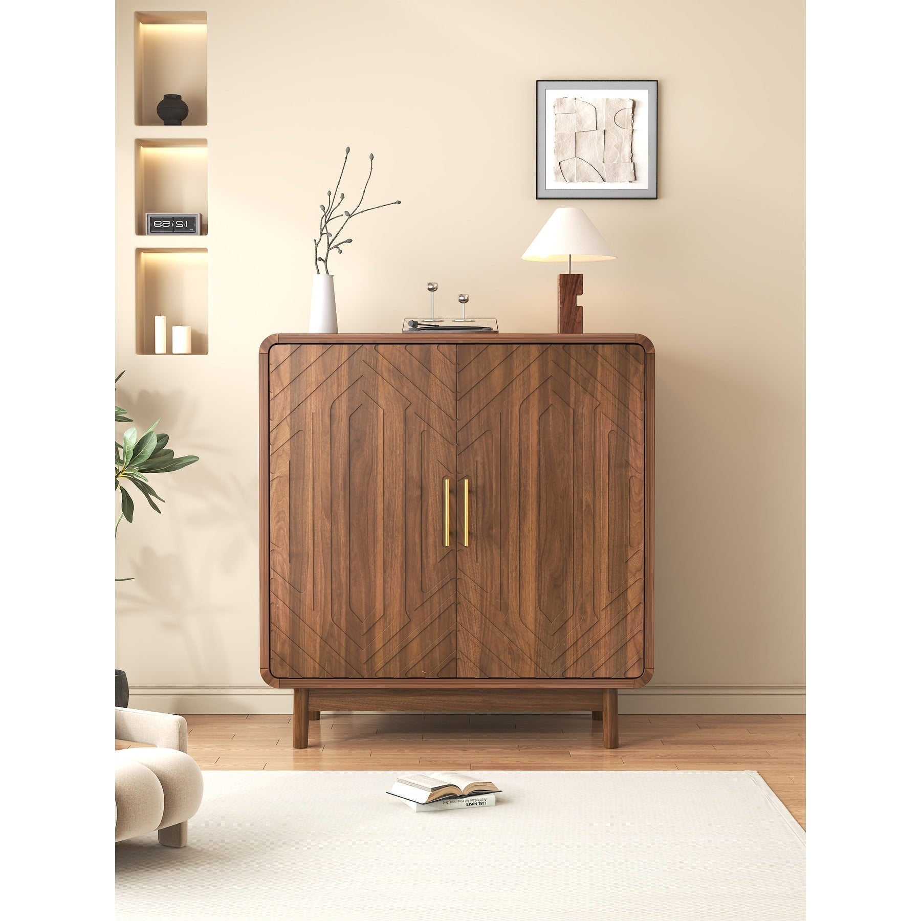 Walnut Finish Carved Side Cabinet And Dining Cabinet With Storage Function And Adjustable Shelves Decorative Cabinet