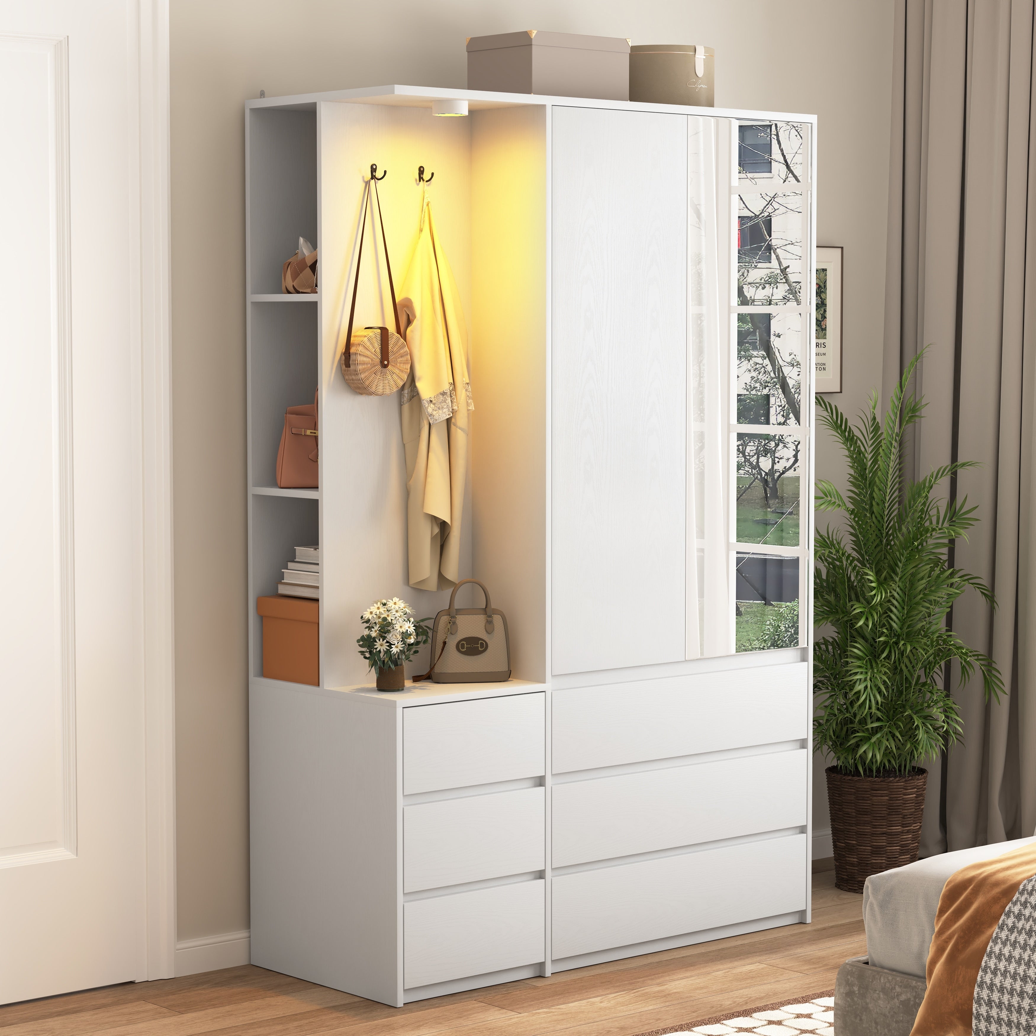 Wardrobe Armoire Closet With 2 Doors White Clothing Storage Cabinet With 6 Drawers And Hanging Rail