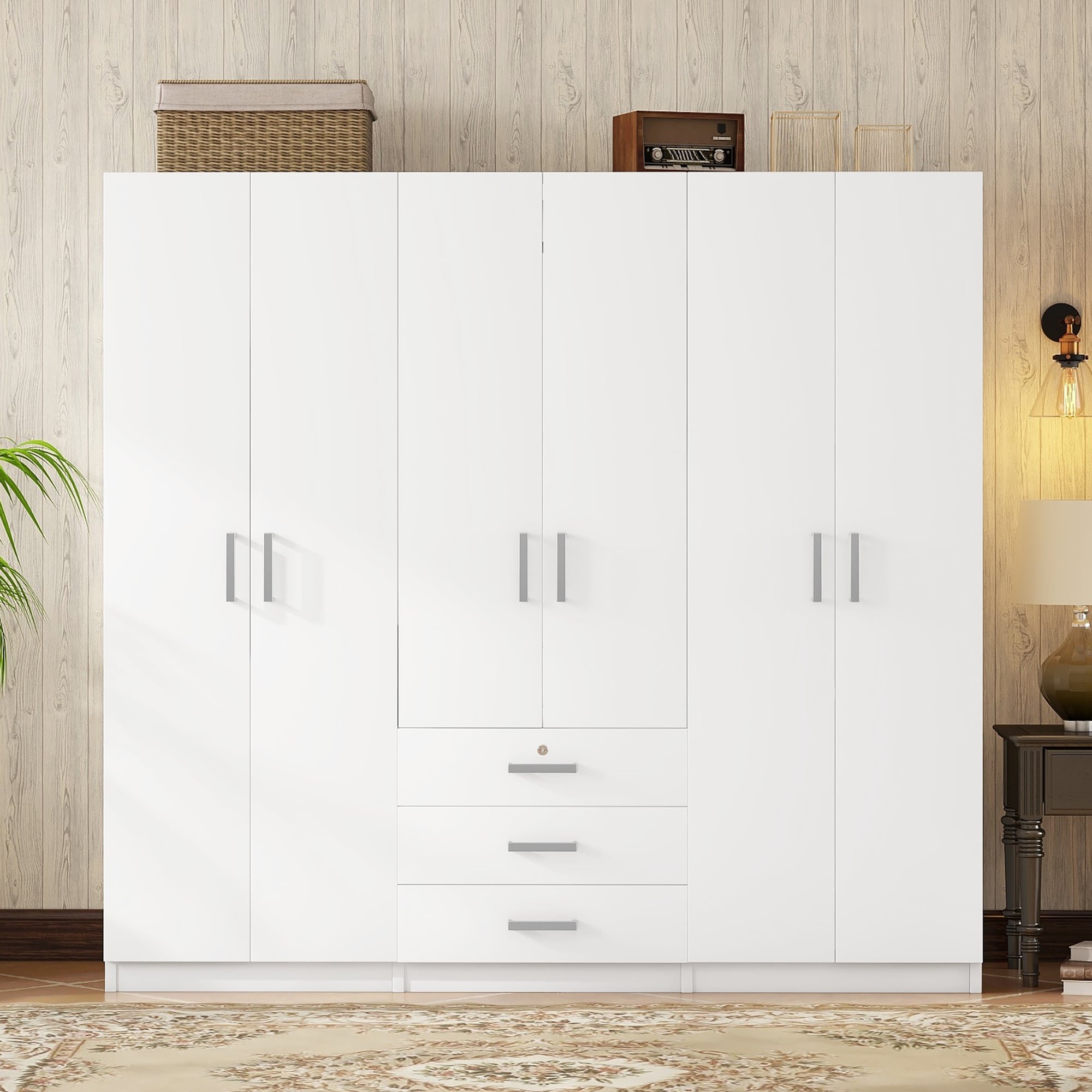 Wardrobe Versatile Storage Cabinet With Drawers White 6 Doors Bedroom Clothing Storage Cabinet Organizer