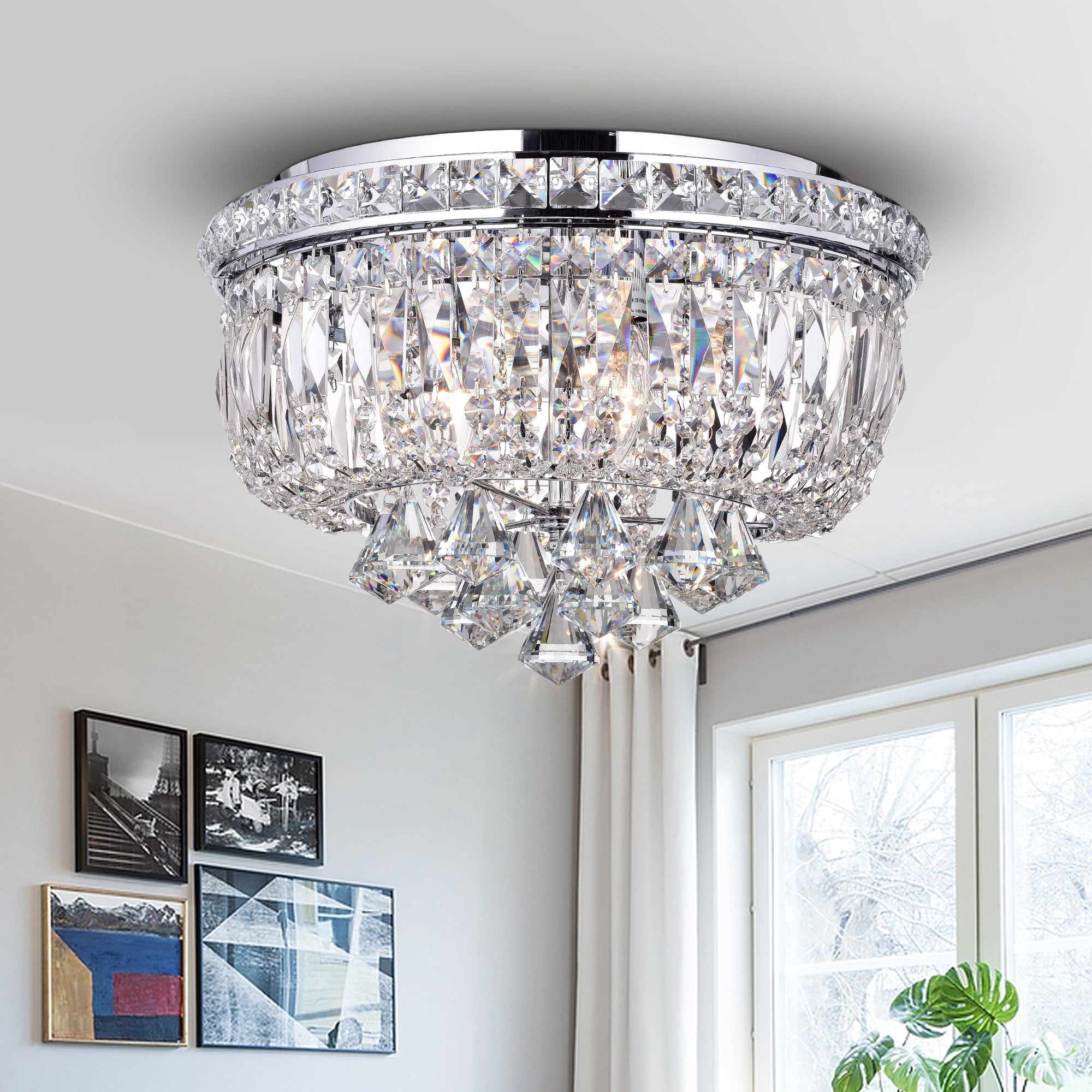Chimory Chrome And Crystal 14 Inch Round Ceiling Lamp