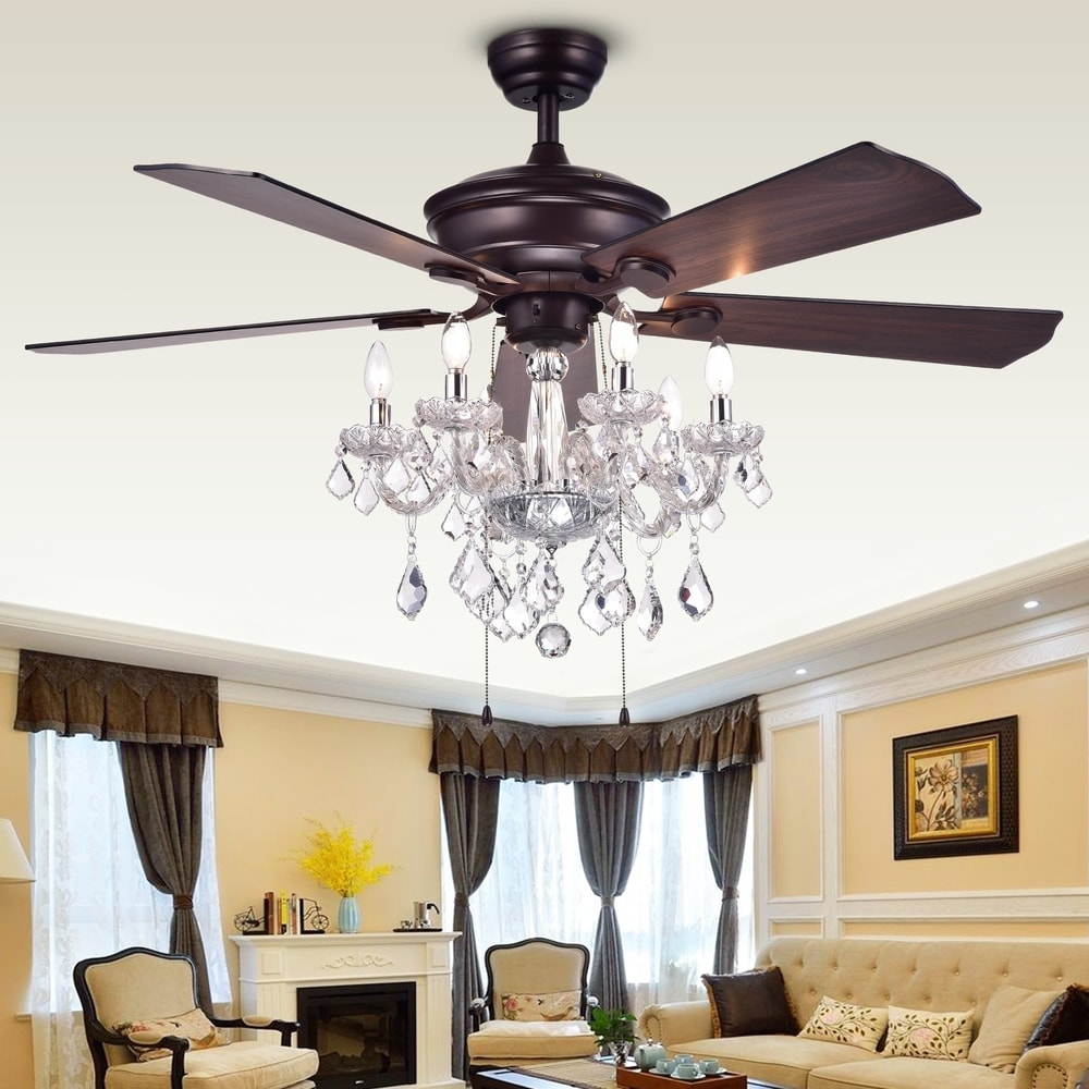 Warehouse Of Tiffany Havorand 52 Inch 5 Blade Ceiling Fan With Crystal Chandelier Optional Remote Brown