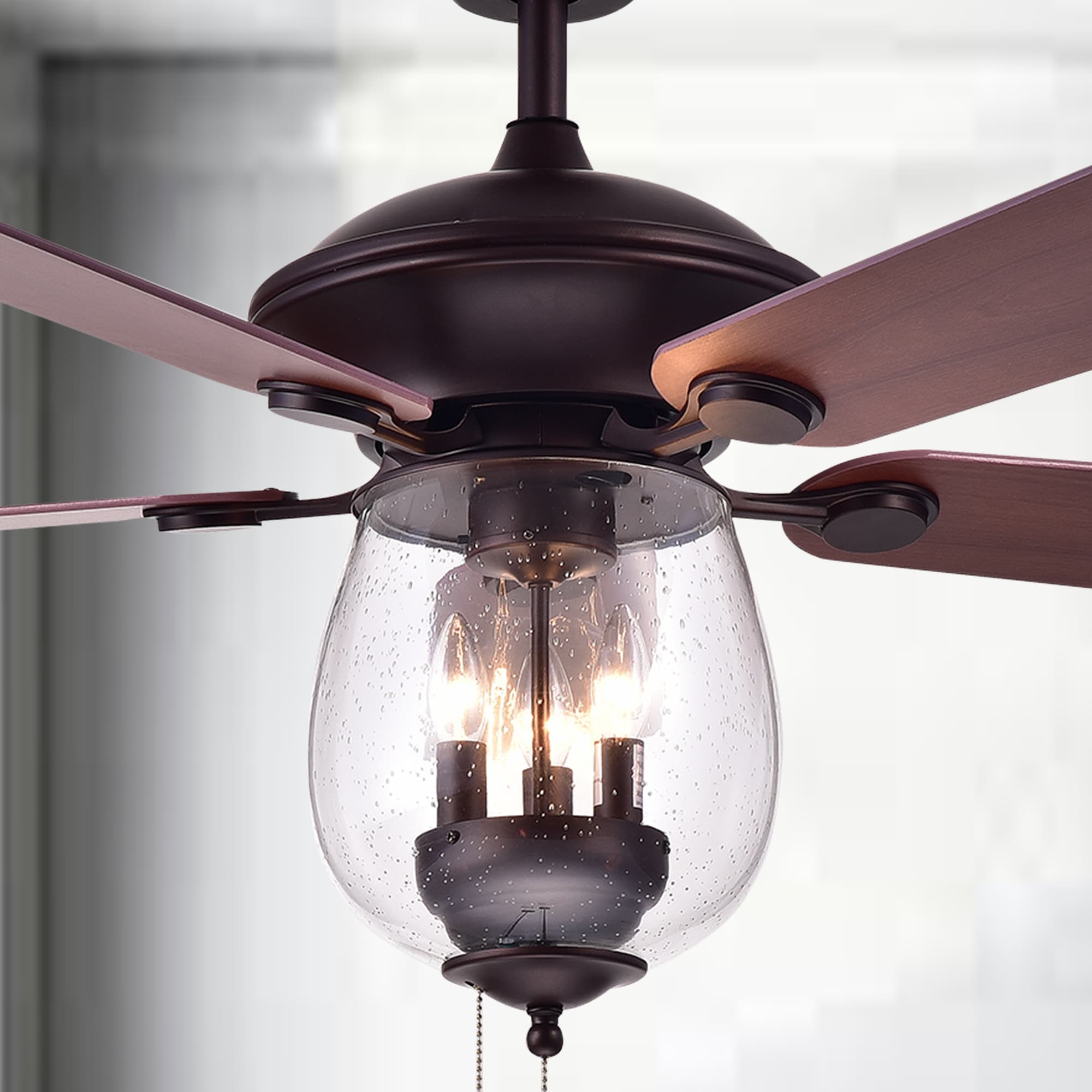 Warehouse Of Tiffany Tibwald Wood Glass 52 Inch 5 Blade Lighted Ceiling Fan Optional Remote Brown