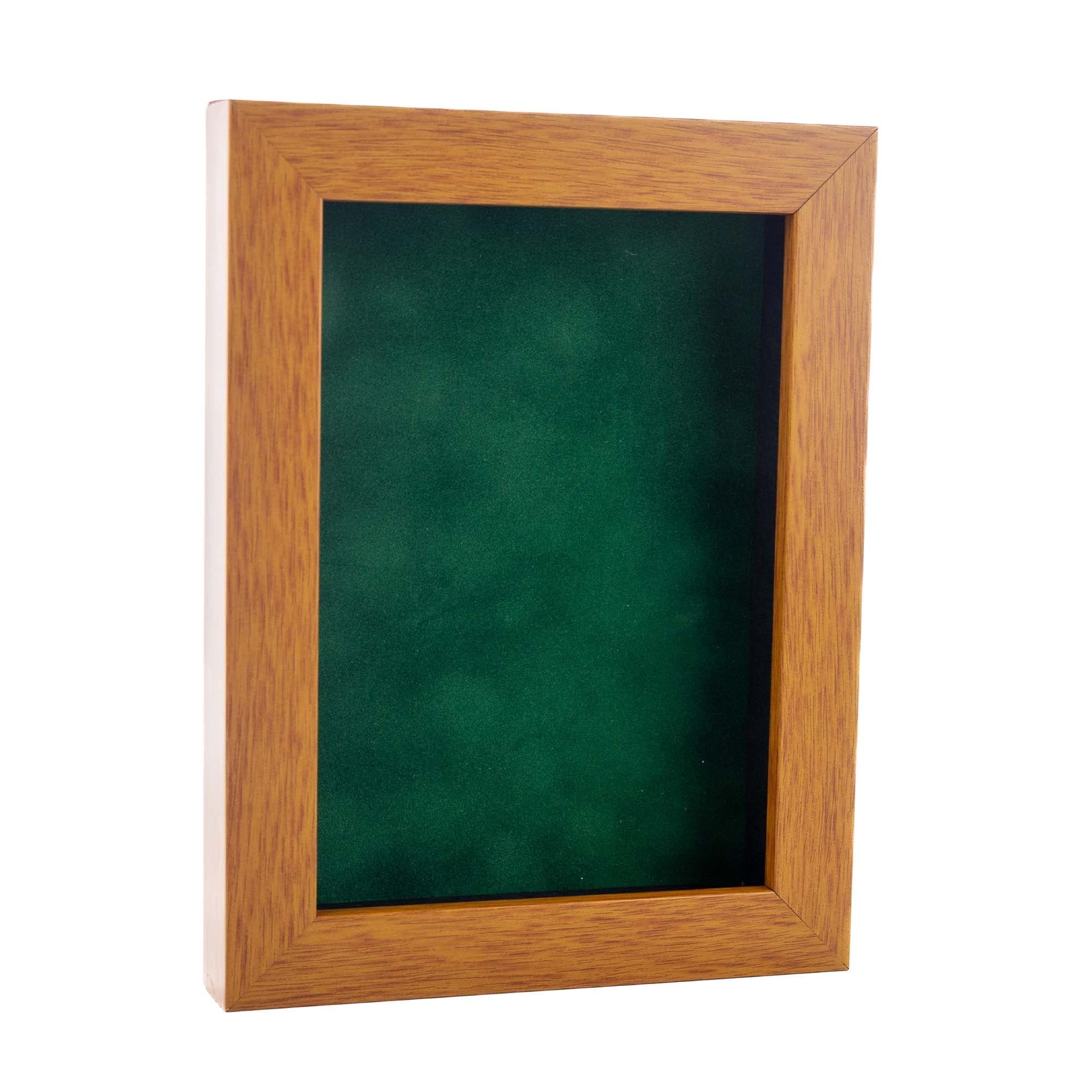 Warm Honey Brown Wood Shadow Box Frame With Acrylic Front Forest Green Suede Backing 30 Sizes