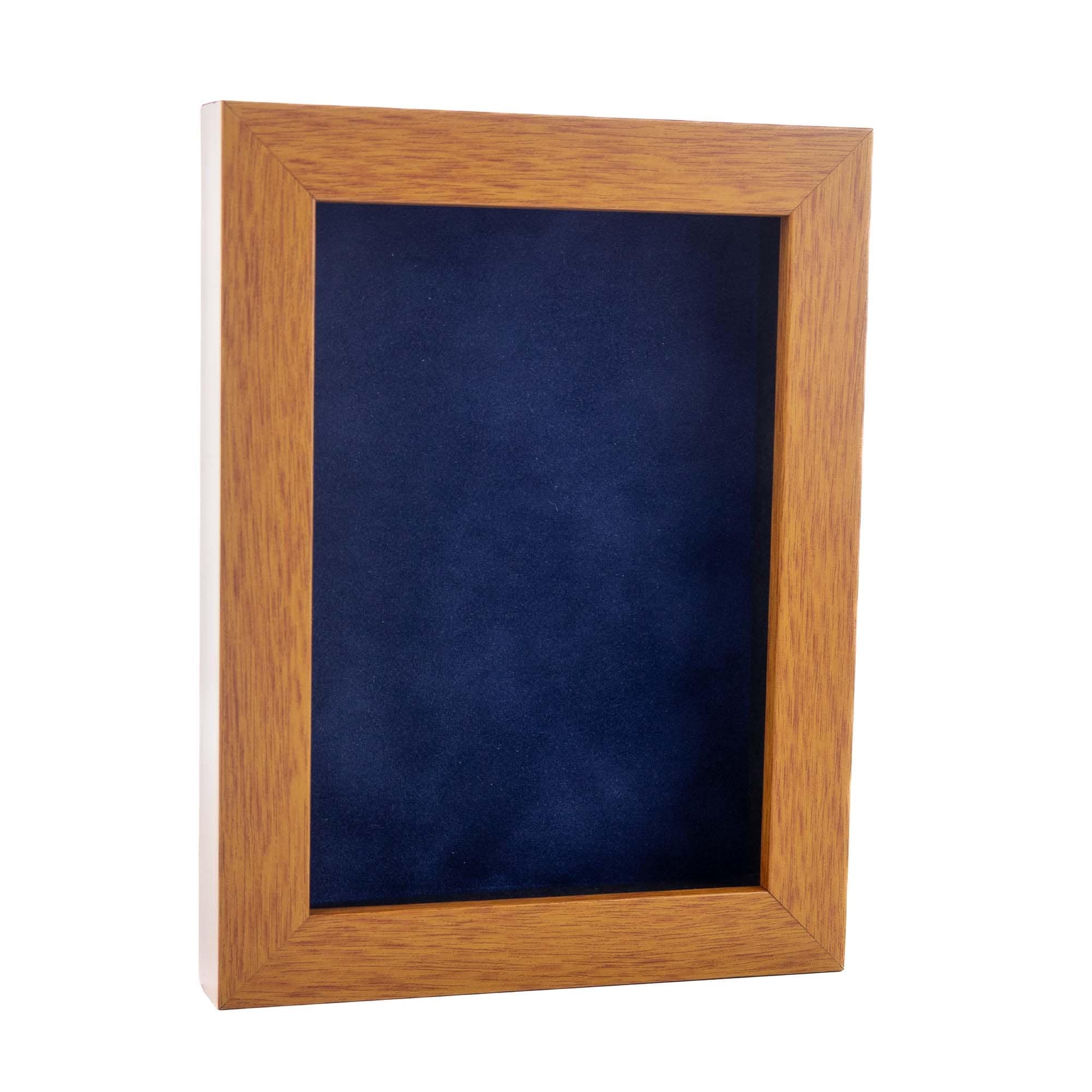 Warm Honey Brown Wood Shadow Box Frame With Acrylic Front Navy Blue Suede Backing 30 Sizes