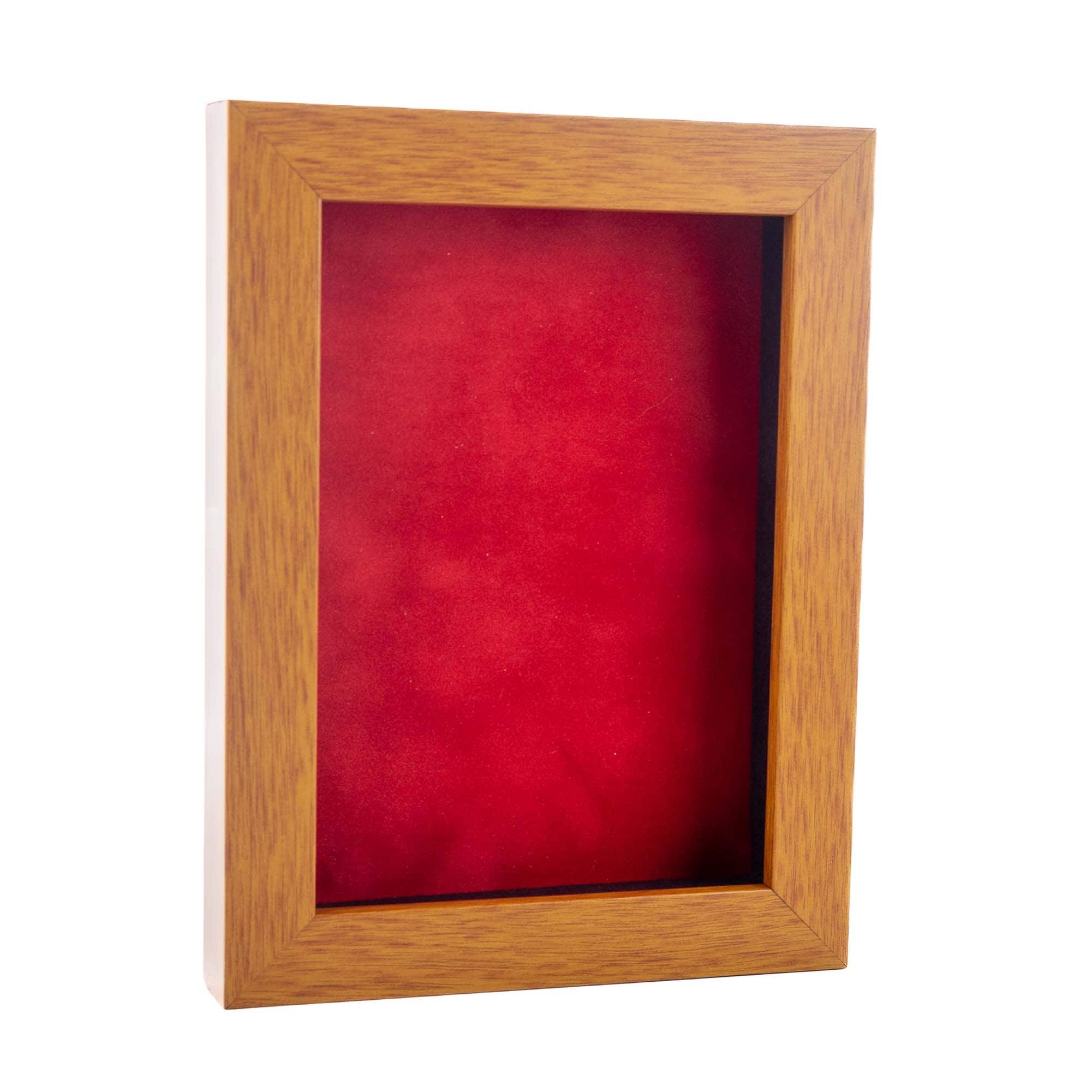 Warm Honey Brown Wood Shadow Box Frame With Acrylic Front Red Suede Backing 30 Sizes