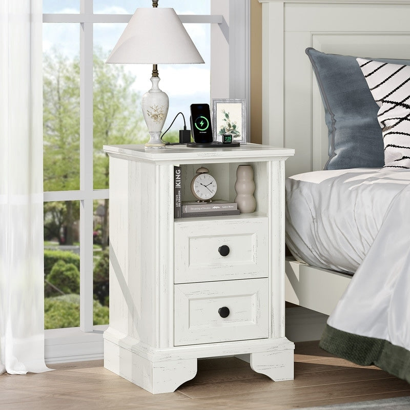 Washed White Nightstand With 2 Drawers Shelf Us Power Outlet