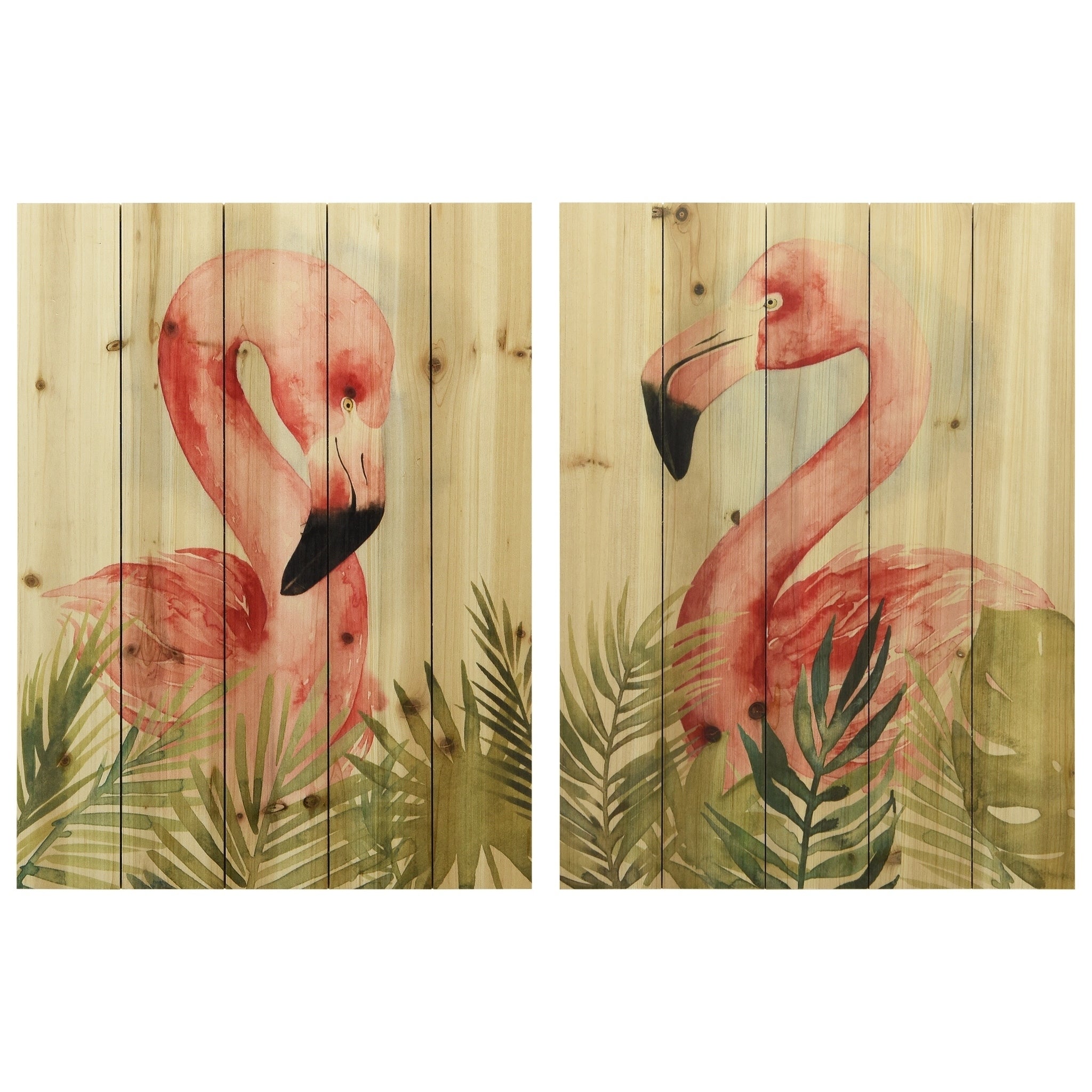 Watercolor Flamingo Composition Wood Wall Art Digital Print On Solid Wood Green Pink