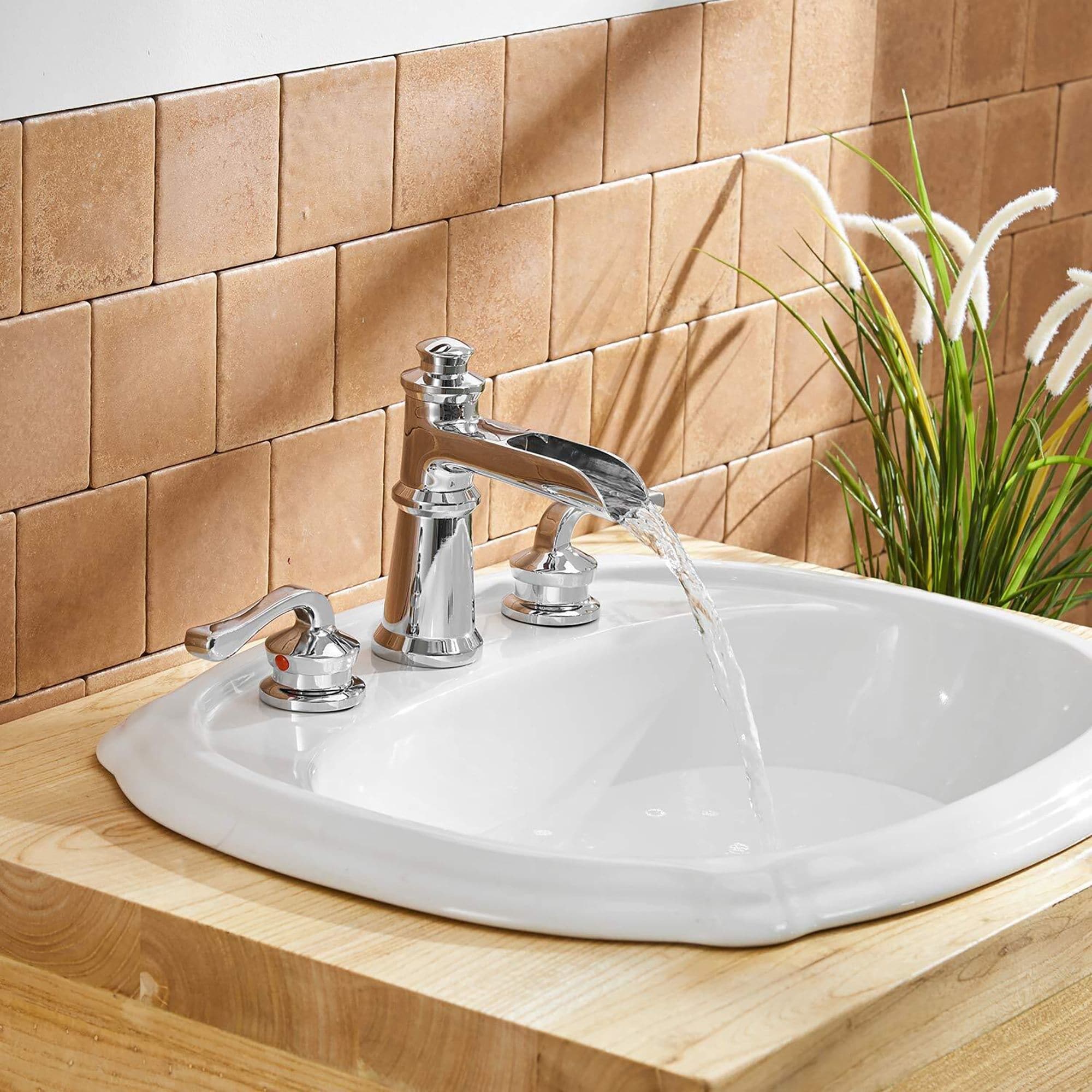 Waterfall 3 Holes Two Handle Bathroom Sink Faucet With Drain Assembly