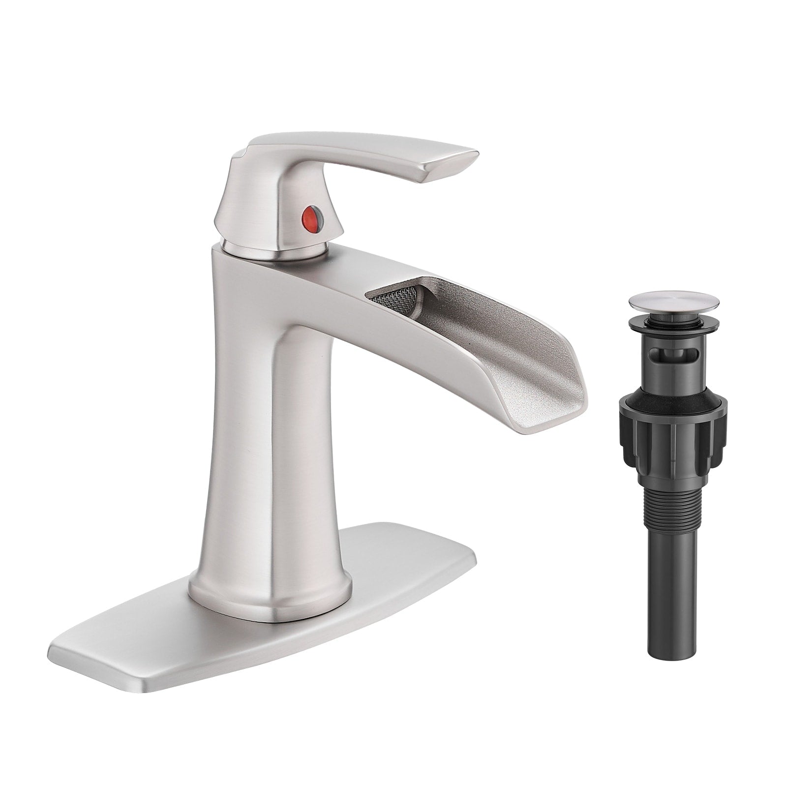 Waterfall Bathroom Faucet With Pop Up Drain And Deck Plate Single Handle Bathroom Faucet