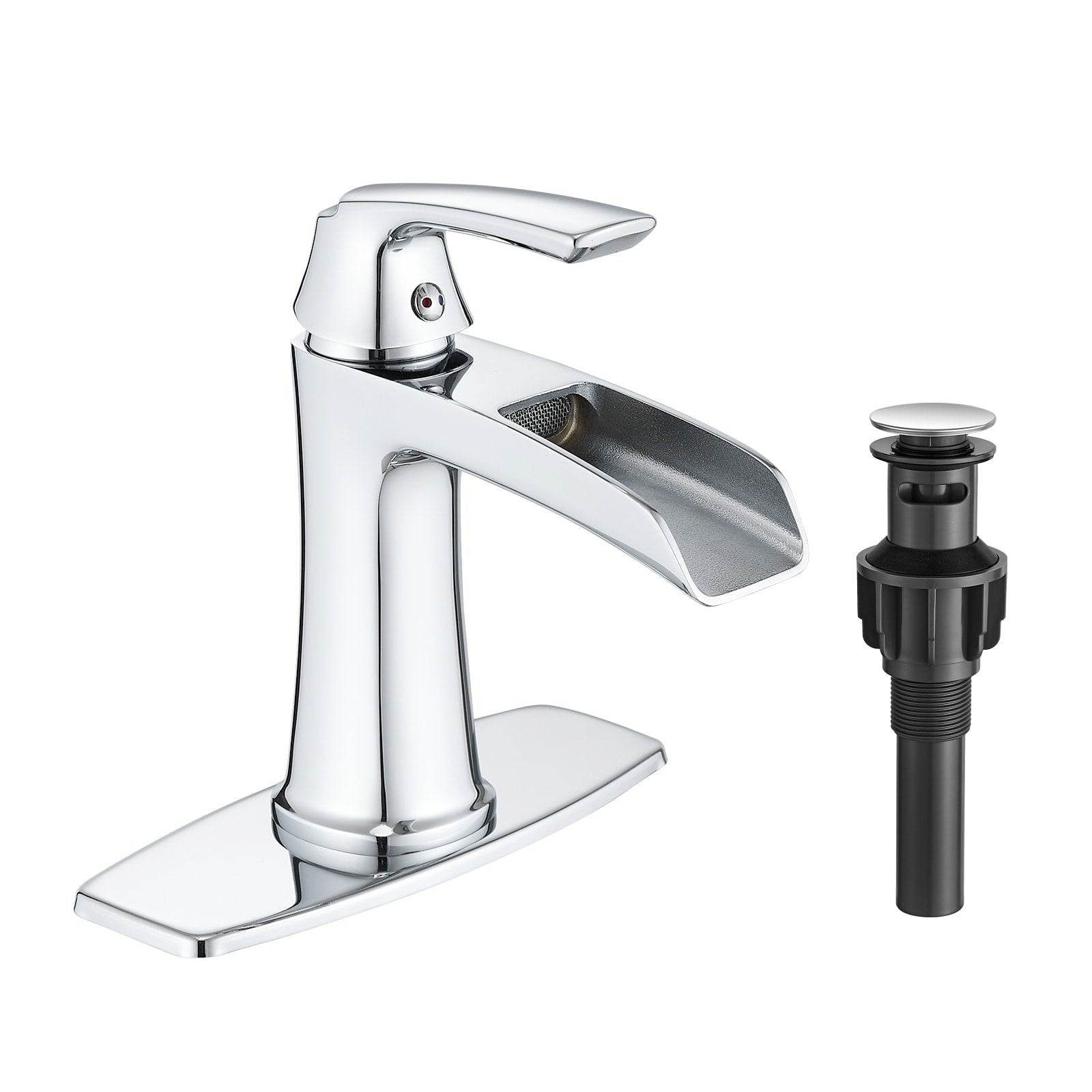 Waterfall Bathroom Faucet With Pop Up Drain And Deck Plate Single Handle Bathroom Faucet