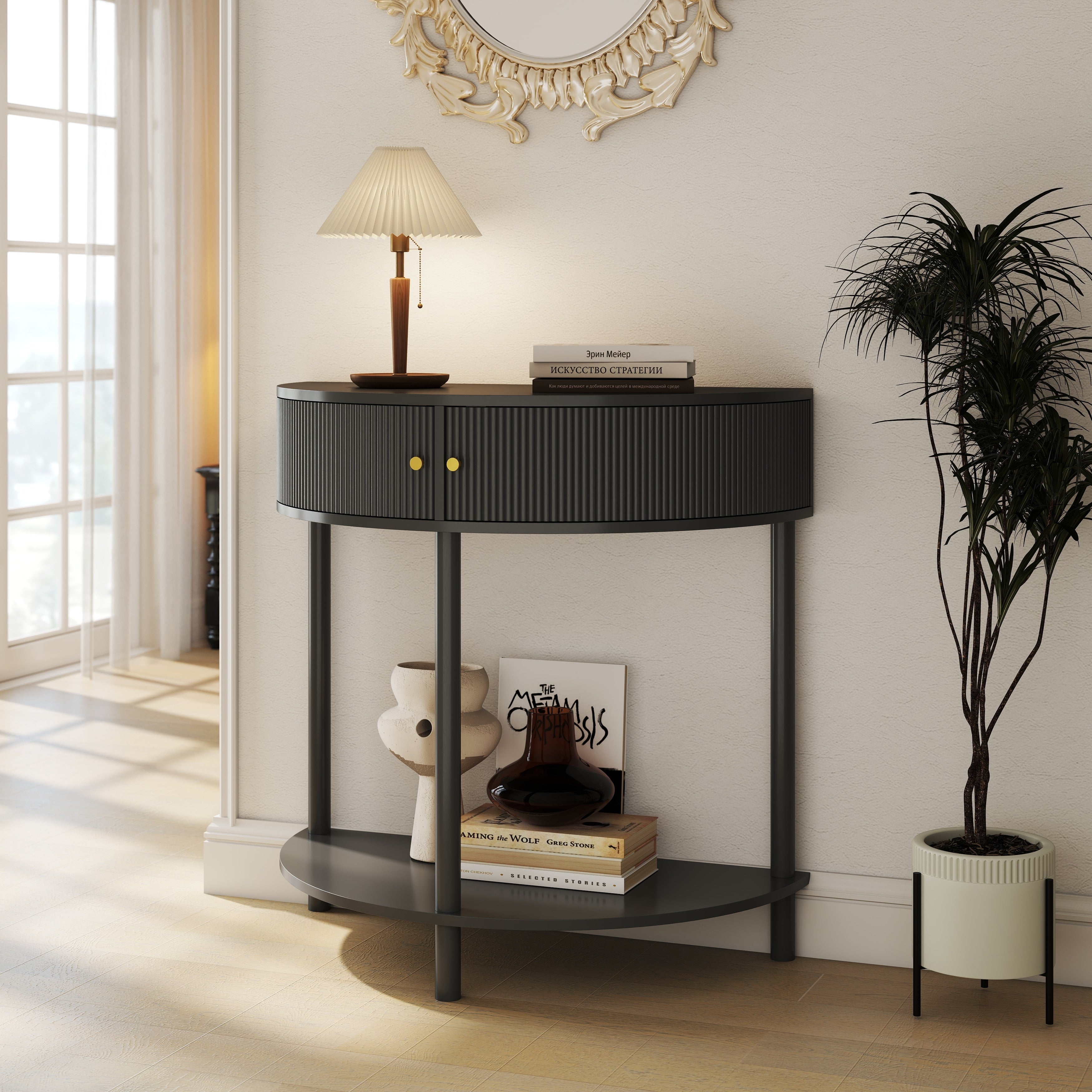 Wave Pattern Console Table With Dark Gray Finish Unique Half Moon Design End Table With 2 Storage Drawers And Bottom Shelf