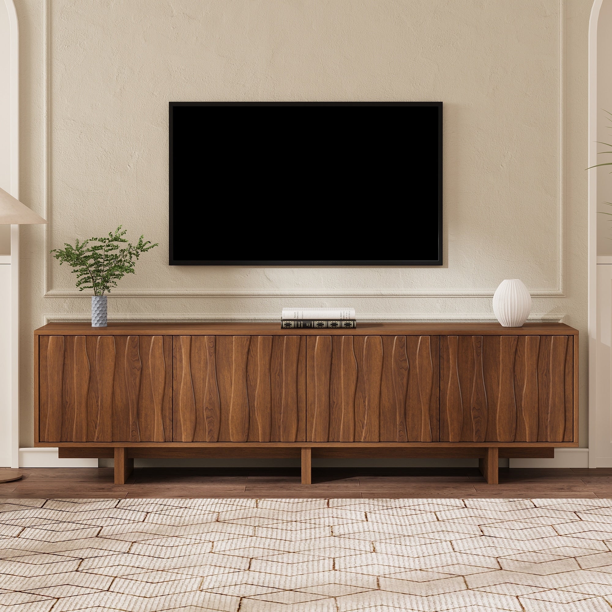 Wavy Door Design Tv Stand For Tvs Up To 75 Retro Tv Cabinet Media Console Table For Living Room