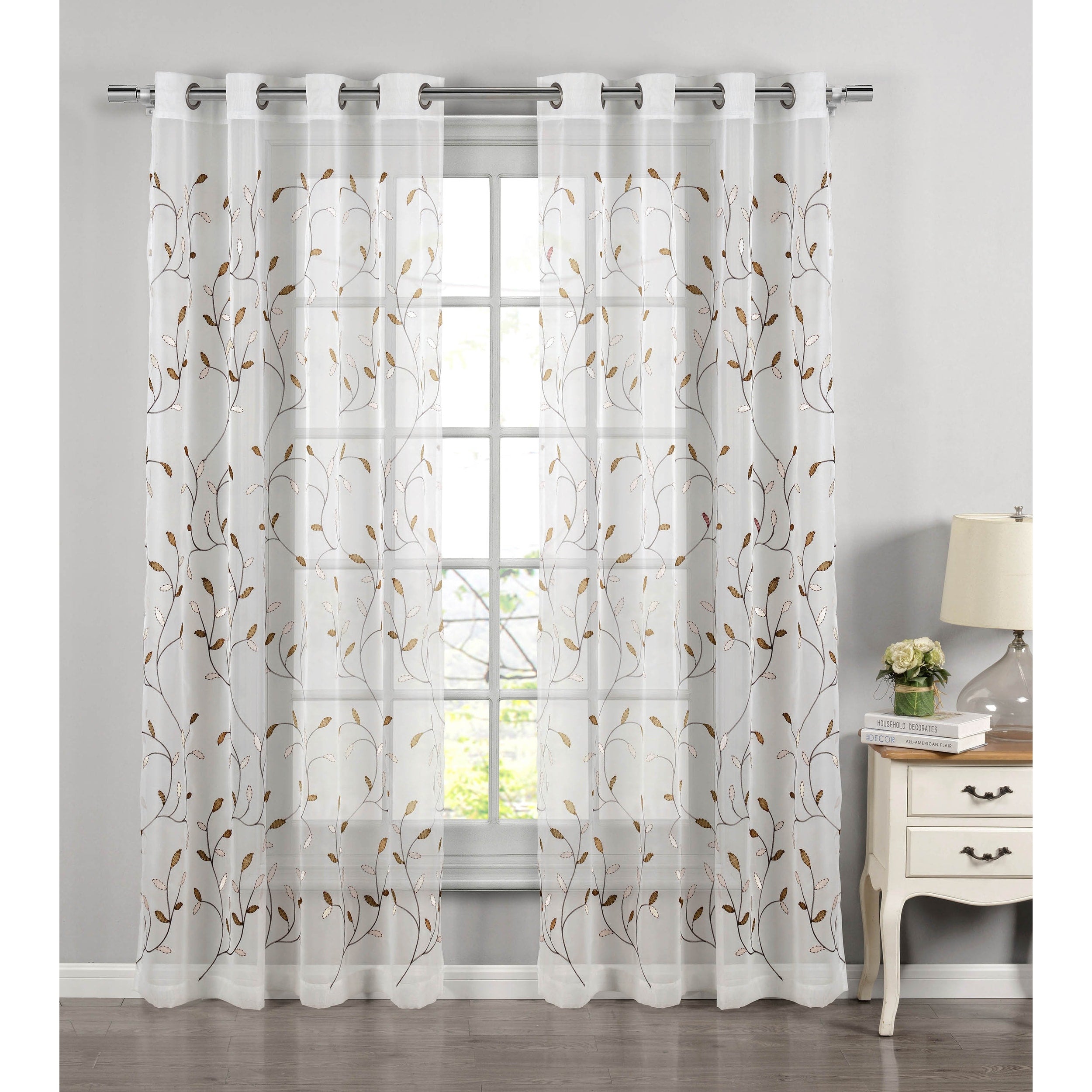 Wavy Leaves Embroidered Sheer Extra Wide 84 Inch Grommet Curtain Panel 54 X 84