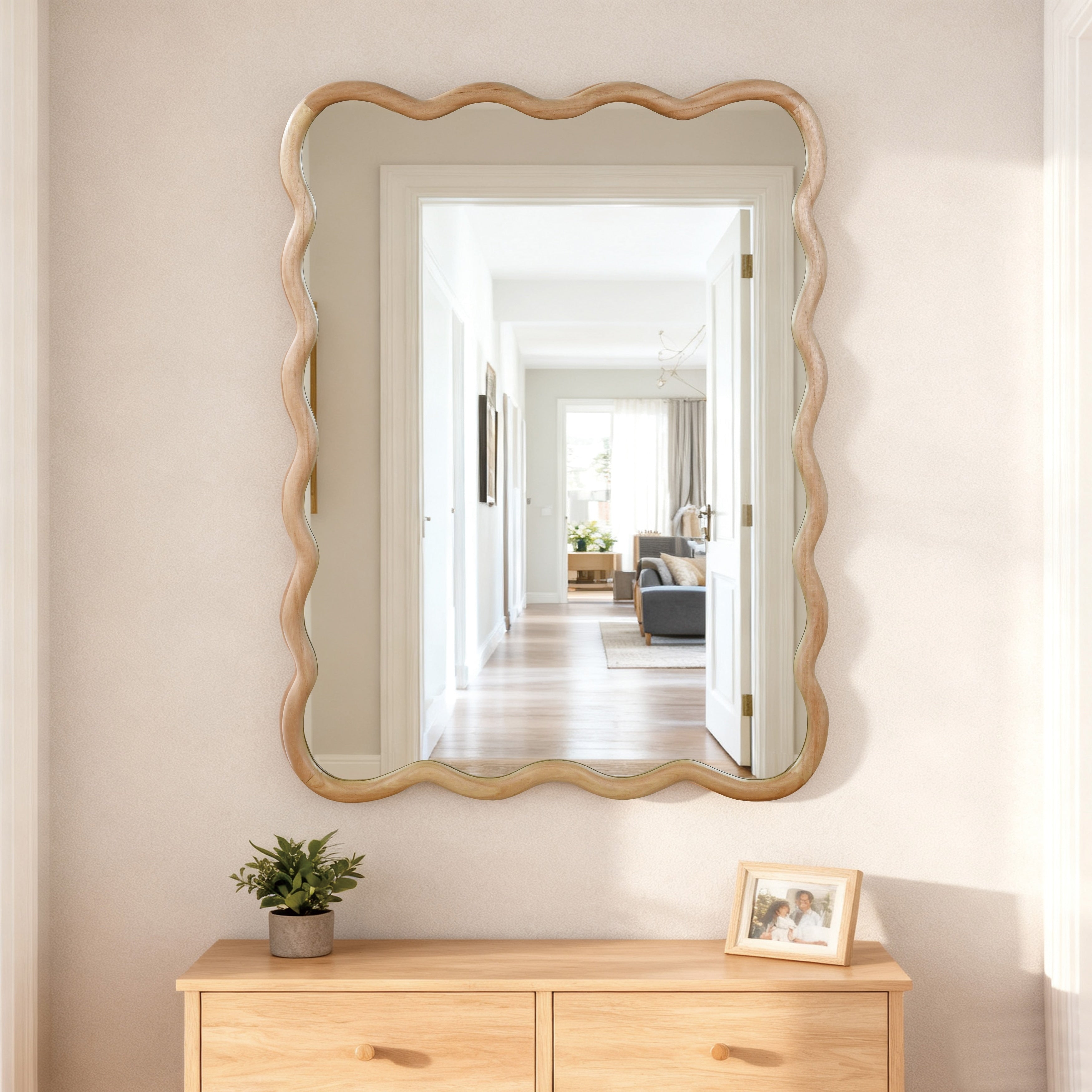 Wavy Rectangle Solid Wood Frame Decorative Mirror Natural
