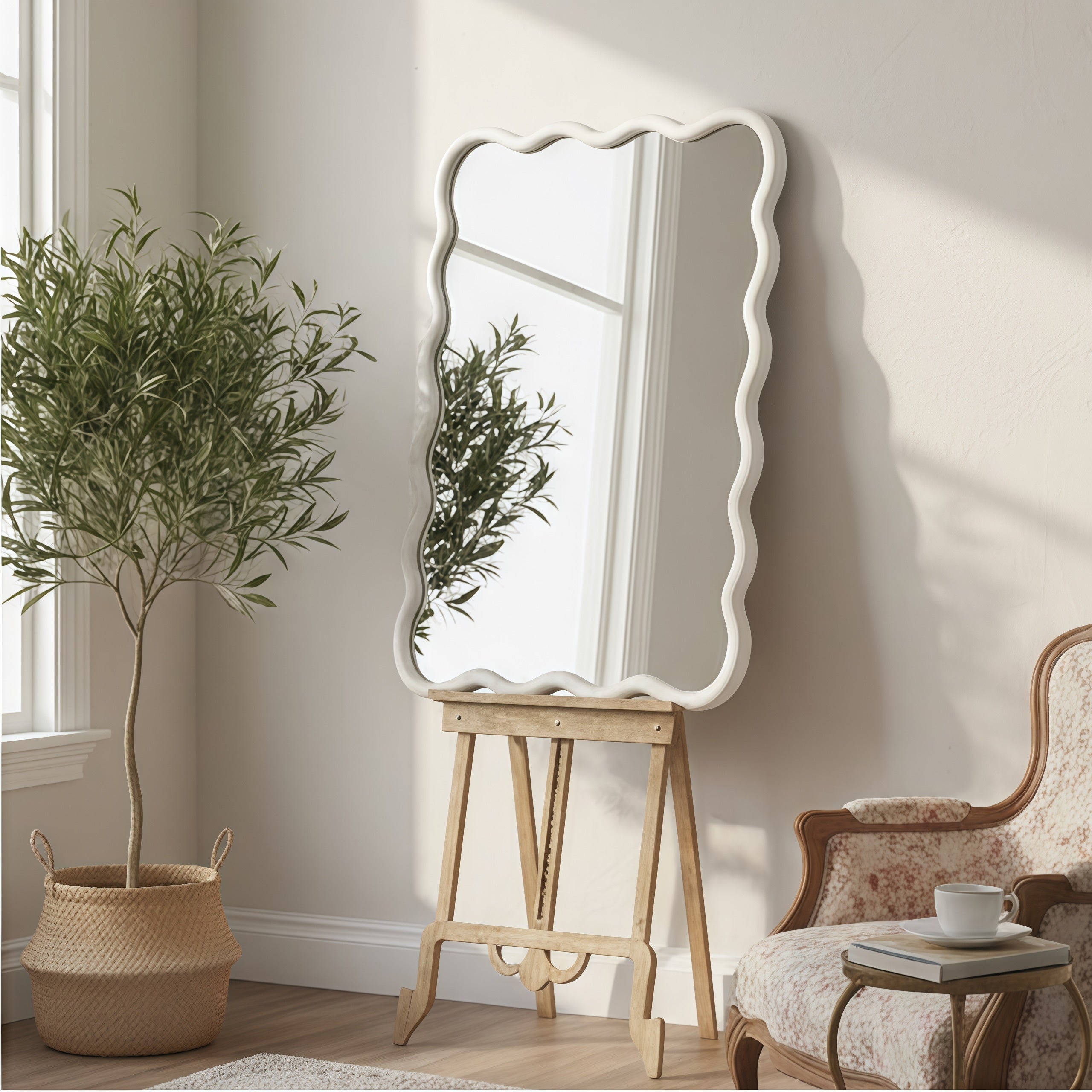 Wavy Rectangle Solid Wood Frame Decorative Mirror White
