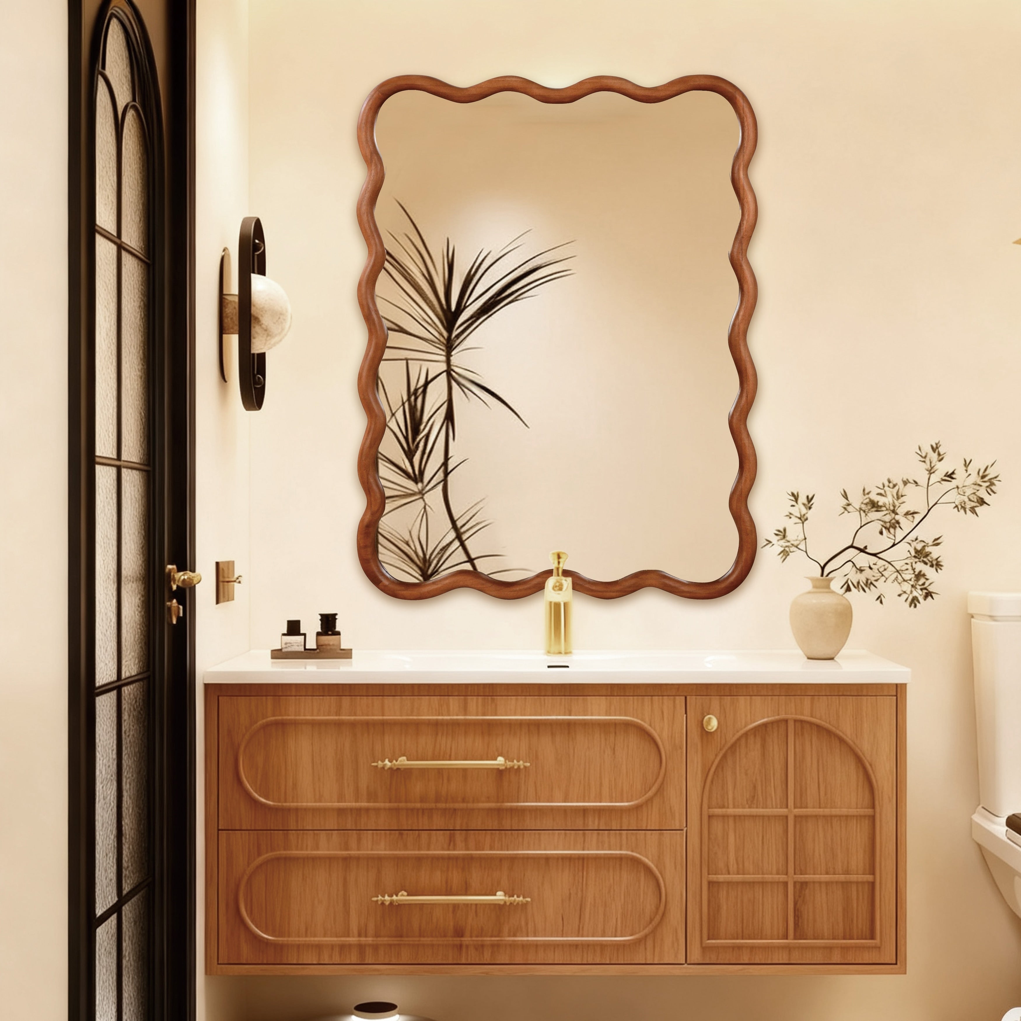 Wavy Rectangle Solid Wood Frame Decorative Mirror Antique Brown