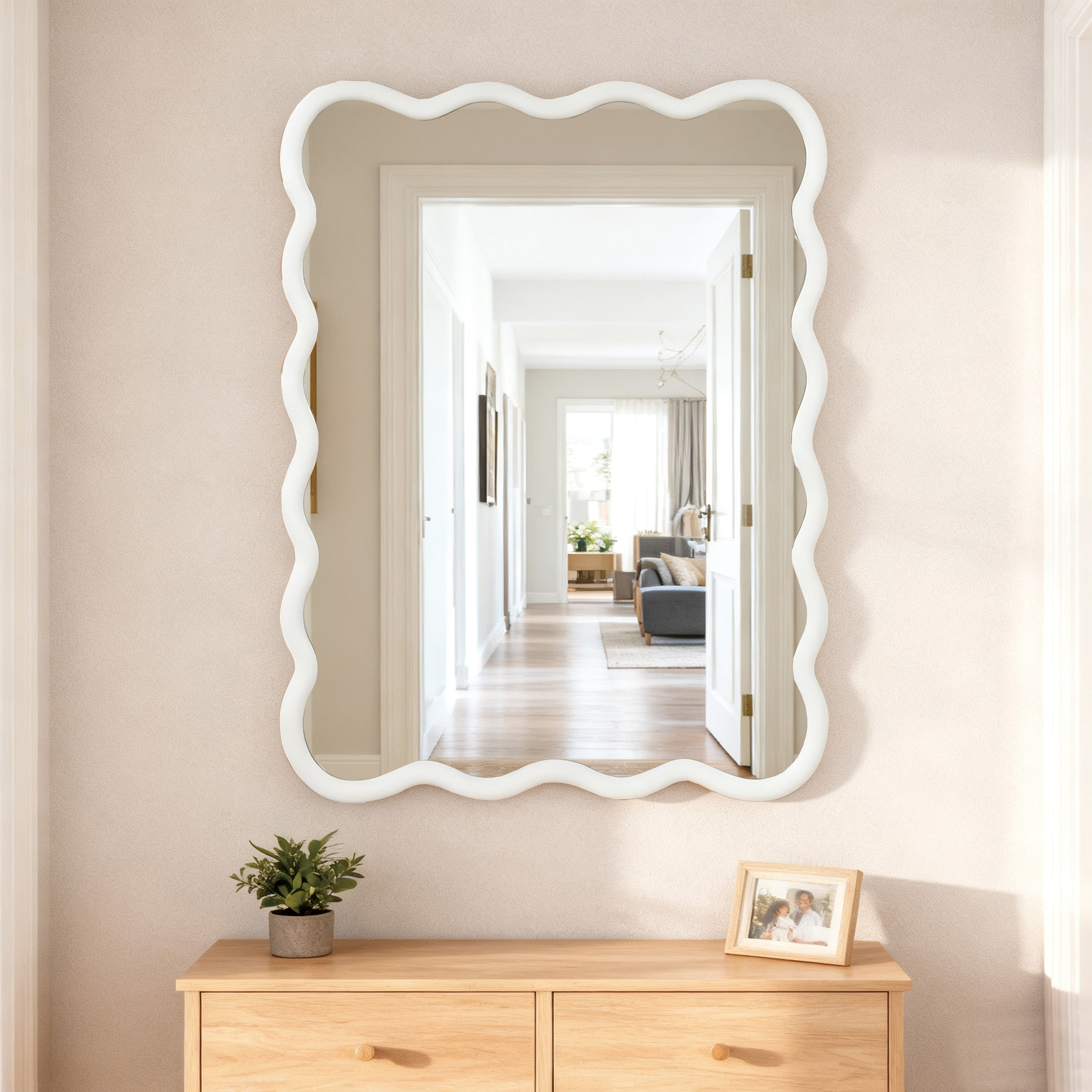 Wavy Rectangle Solid Wood Frame Decorative Mirror White