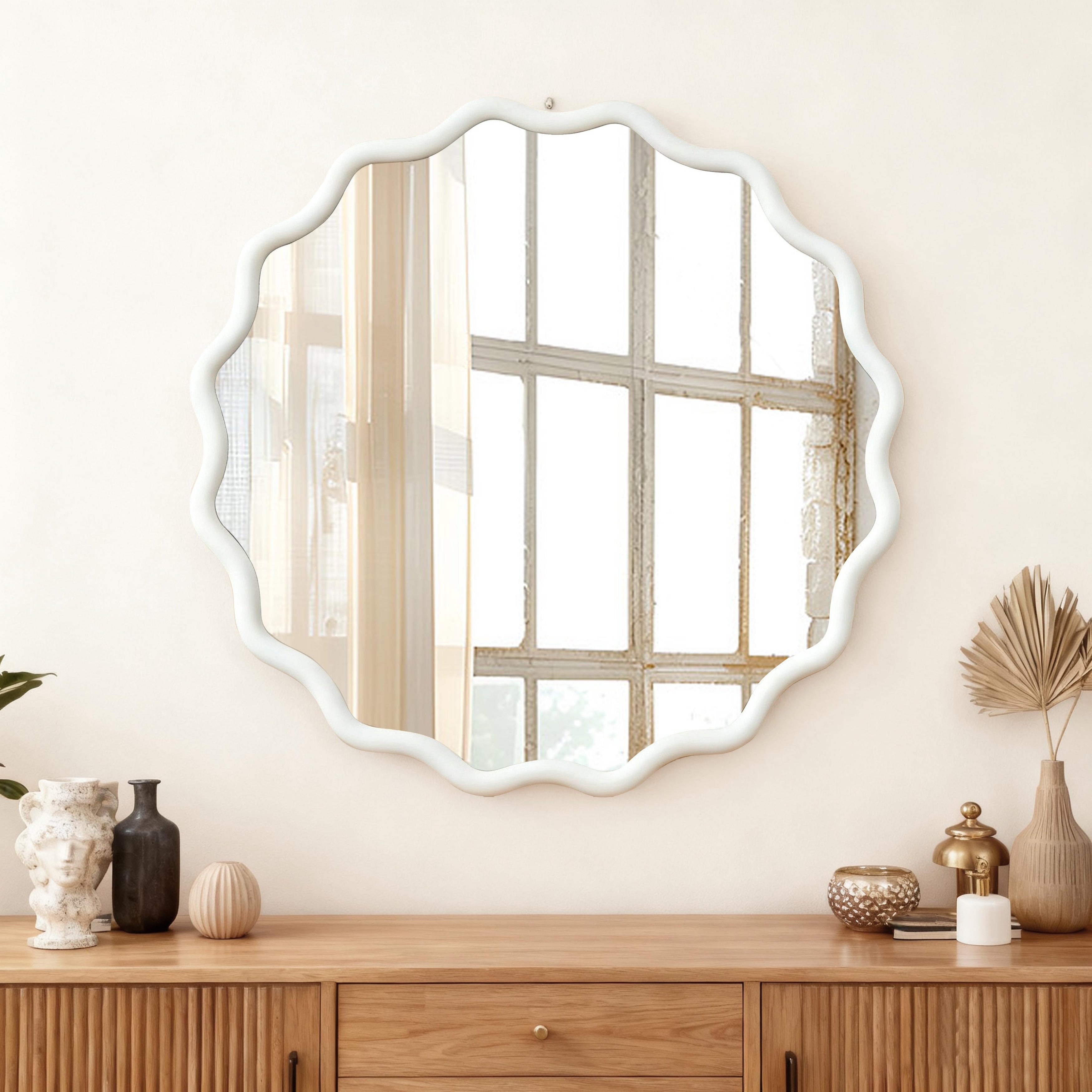 Wavy Round Solid Wood Frame Decorative Mirror White