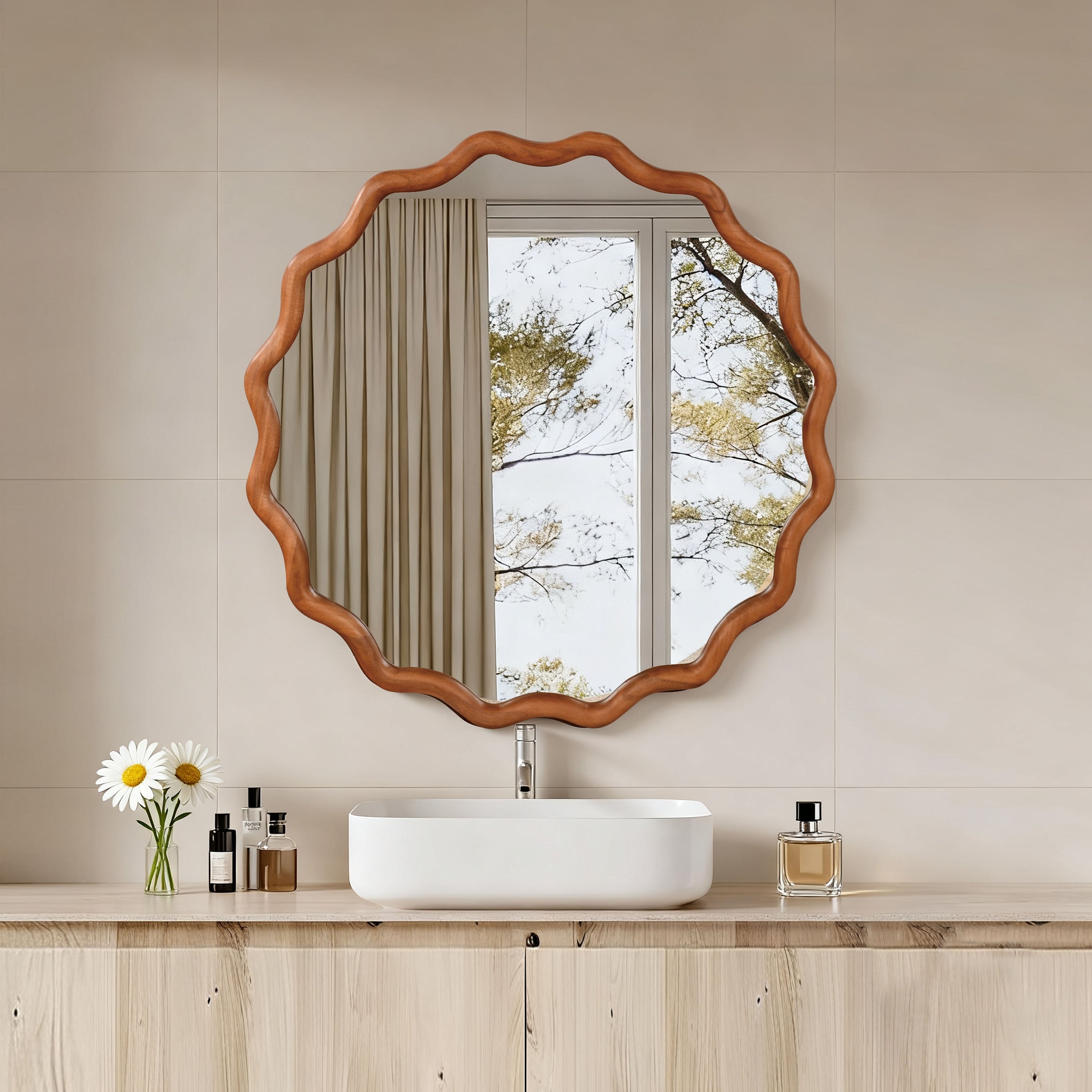 Wavy Round Solid Wood Frame Decorative Mirror Antique Brown
