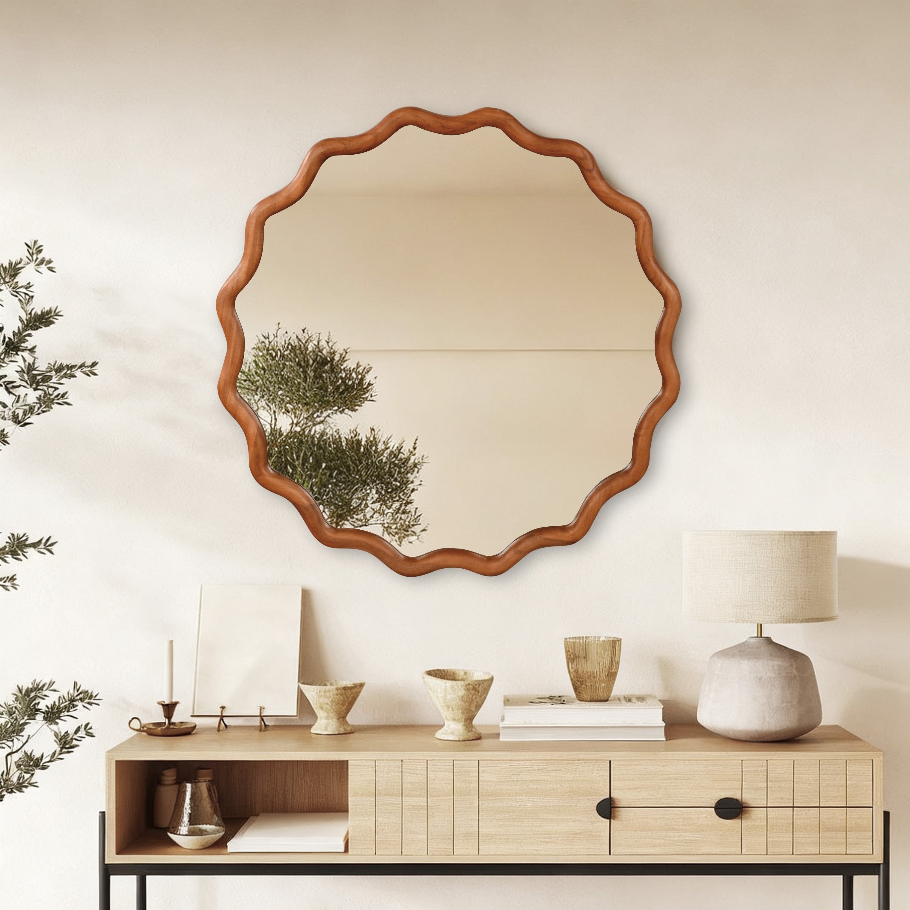 Wavy Round Solid Wood Frame Decorative Mirror Antique Brown