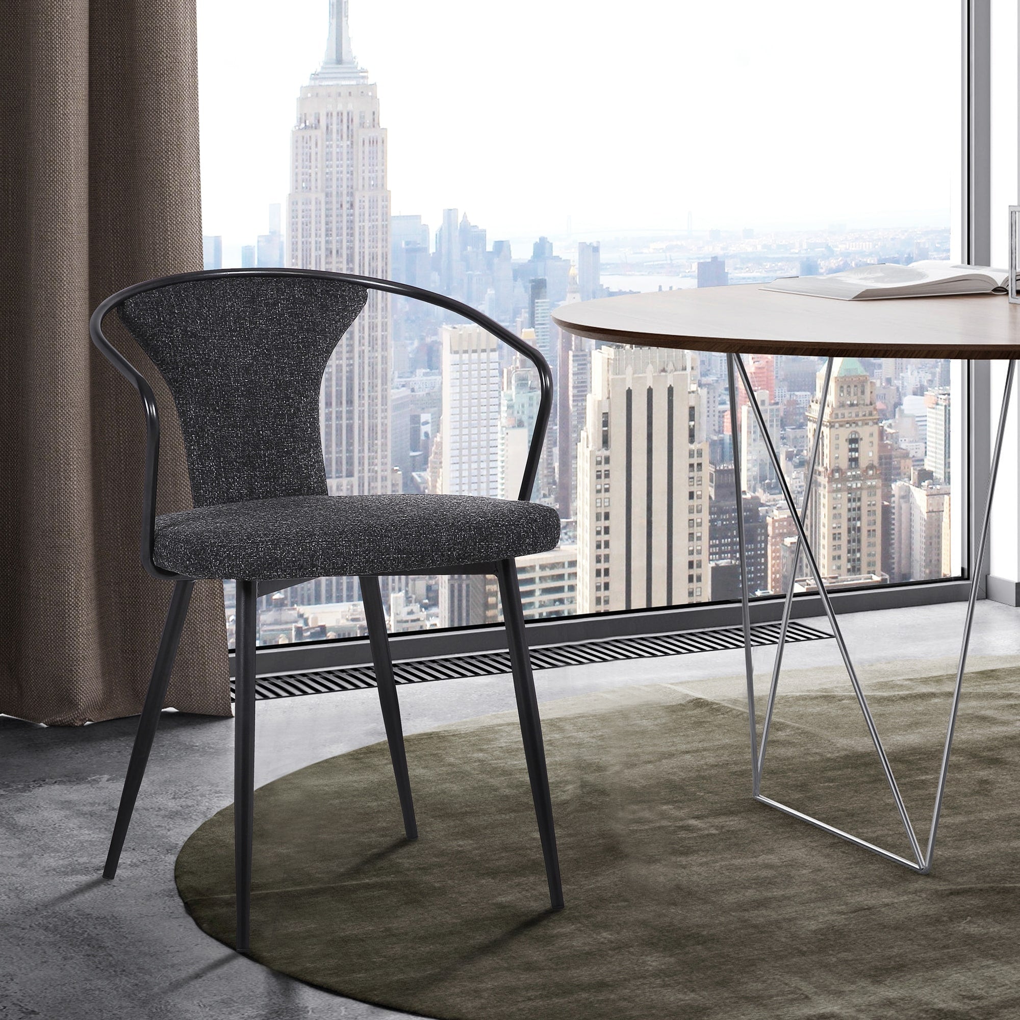 Wayan Contemporary Dining Chair In Black Powder Coated Finish And Black Fabric