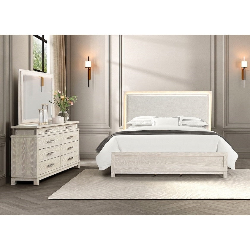 Weathered Gray Finish Bed Dresser Mirror 3Pc Bedroom Furniture Set