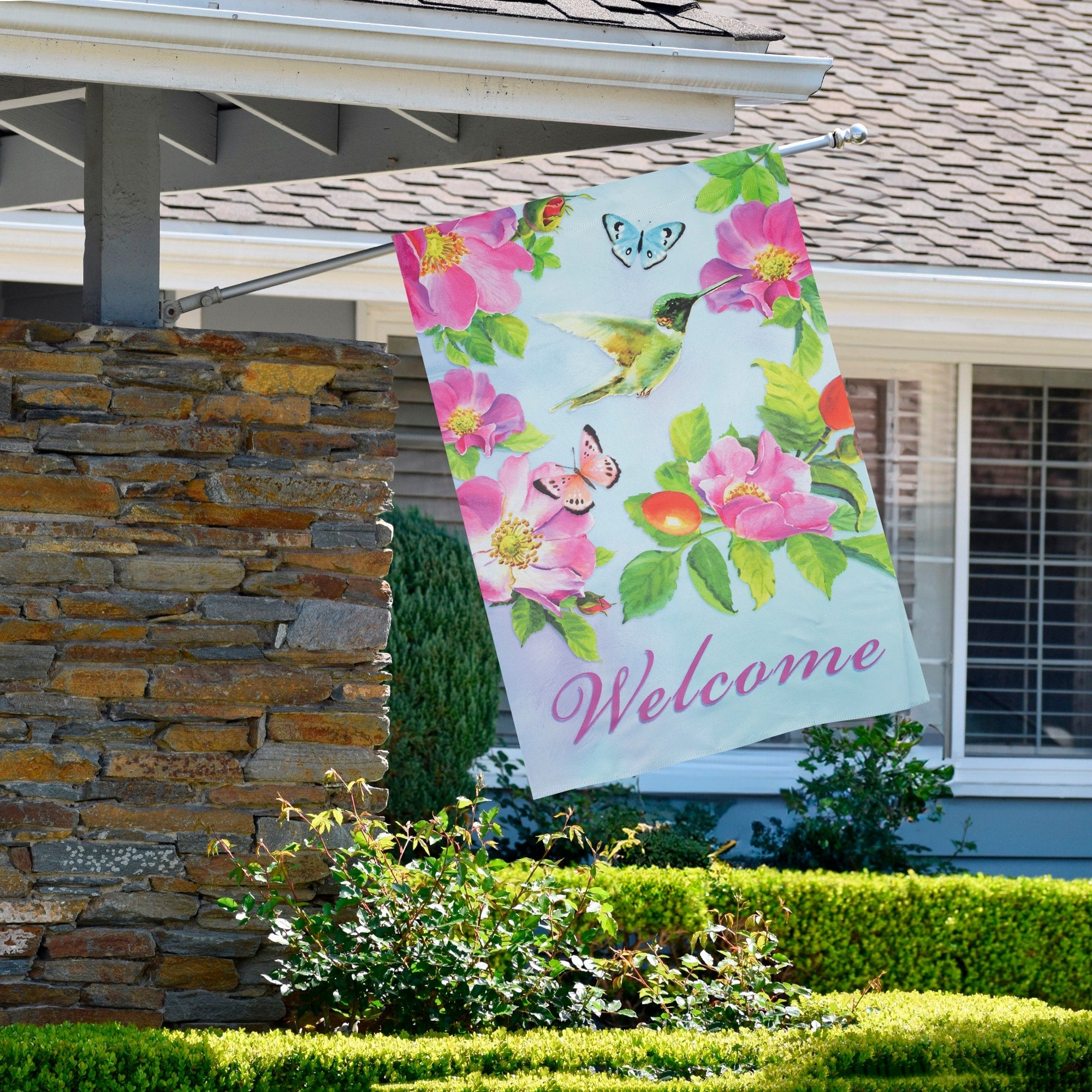 Welcome Hummingbird Floral Outdoor House Flag 28 X 40