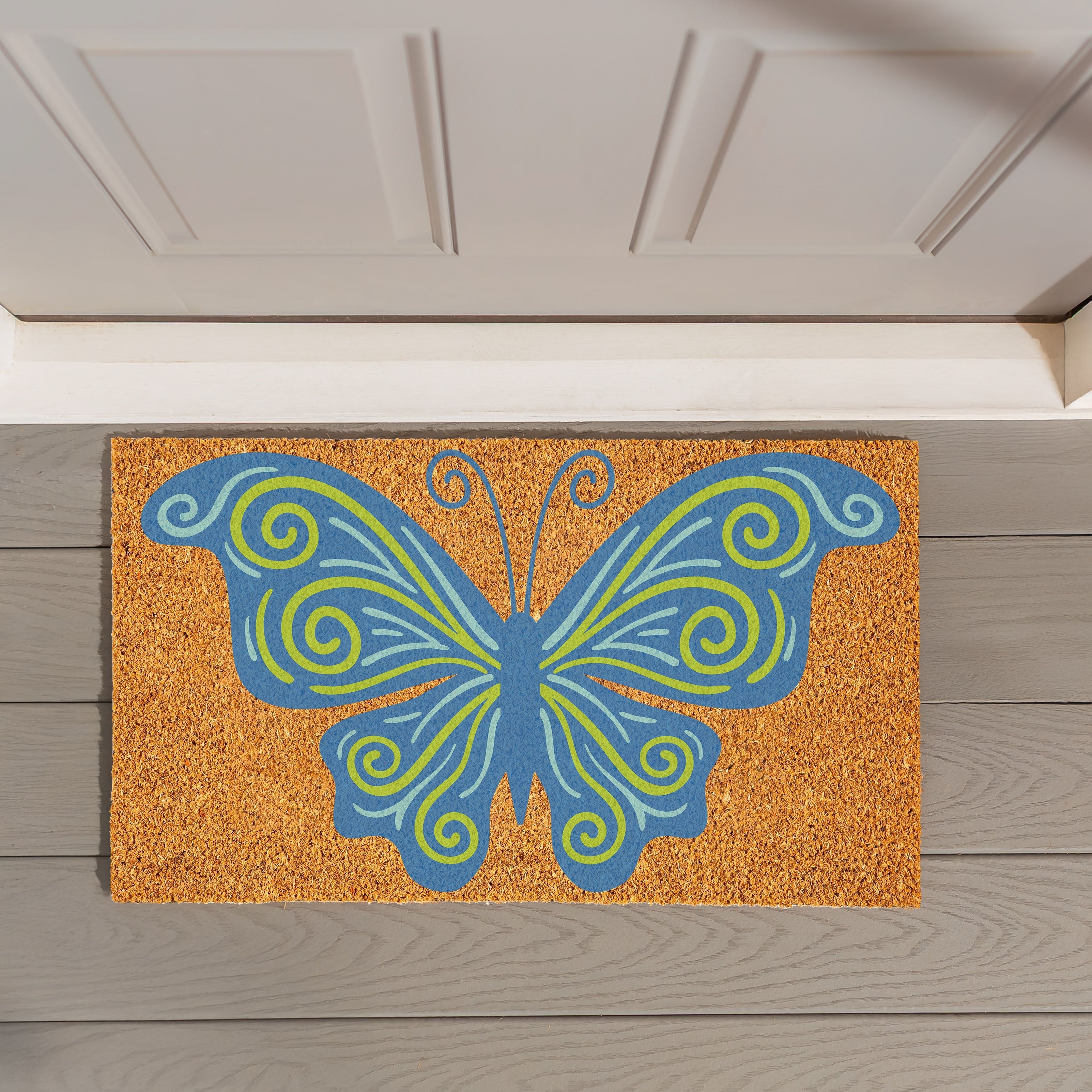 Welcome Mosaic Blue Butterfly Coir Door Mat 30 X 18 30 X 18