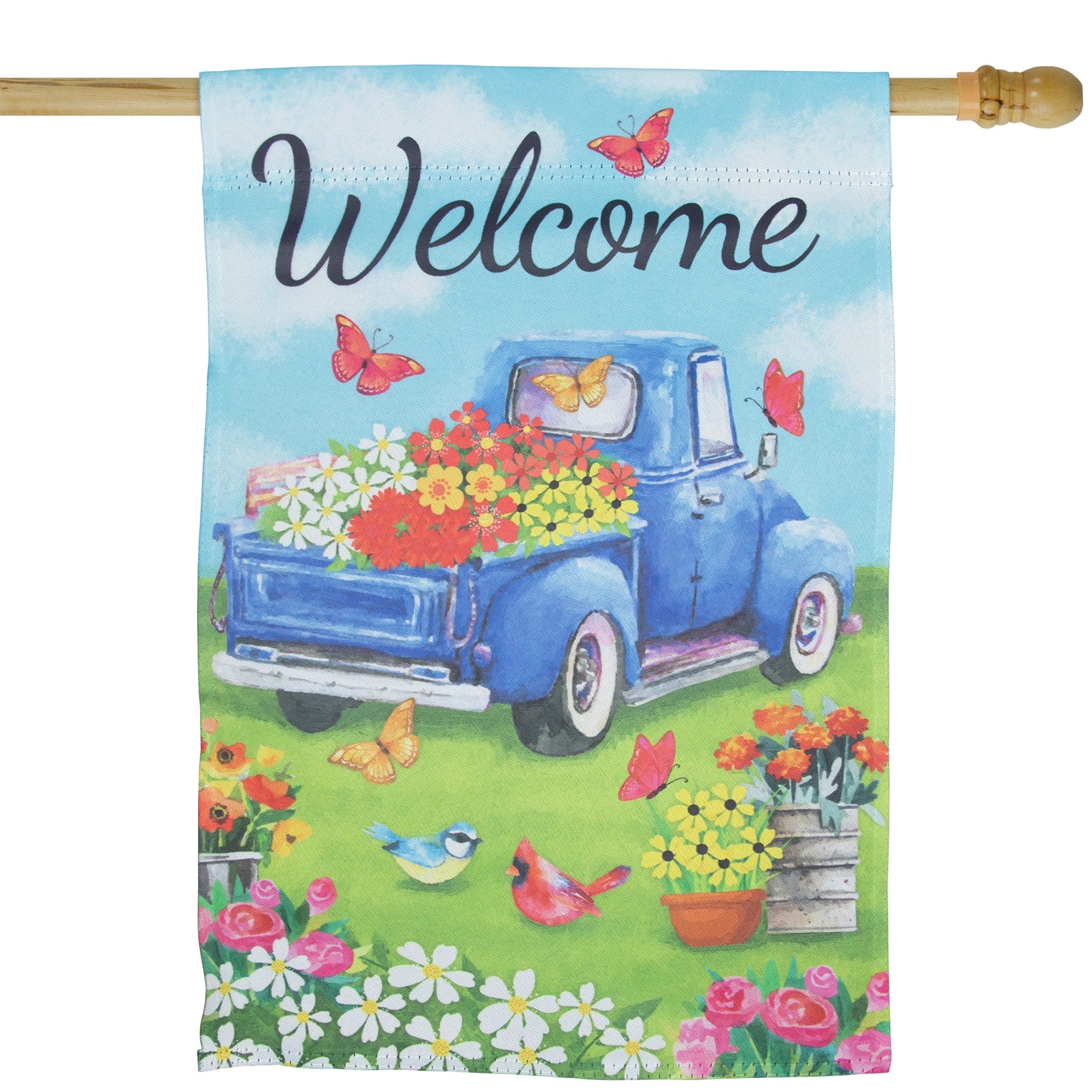 Welcome Blue Pickup Truck With Flowers Outdoor House Flag 28 X 40
