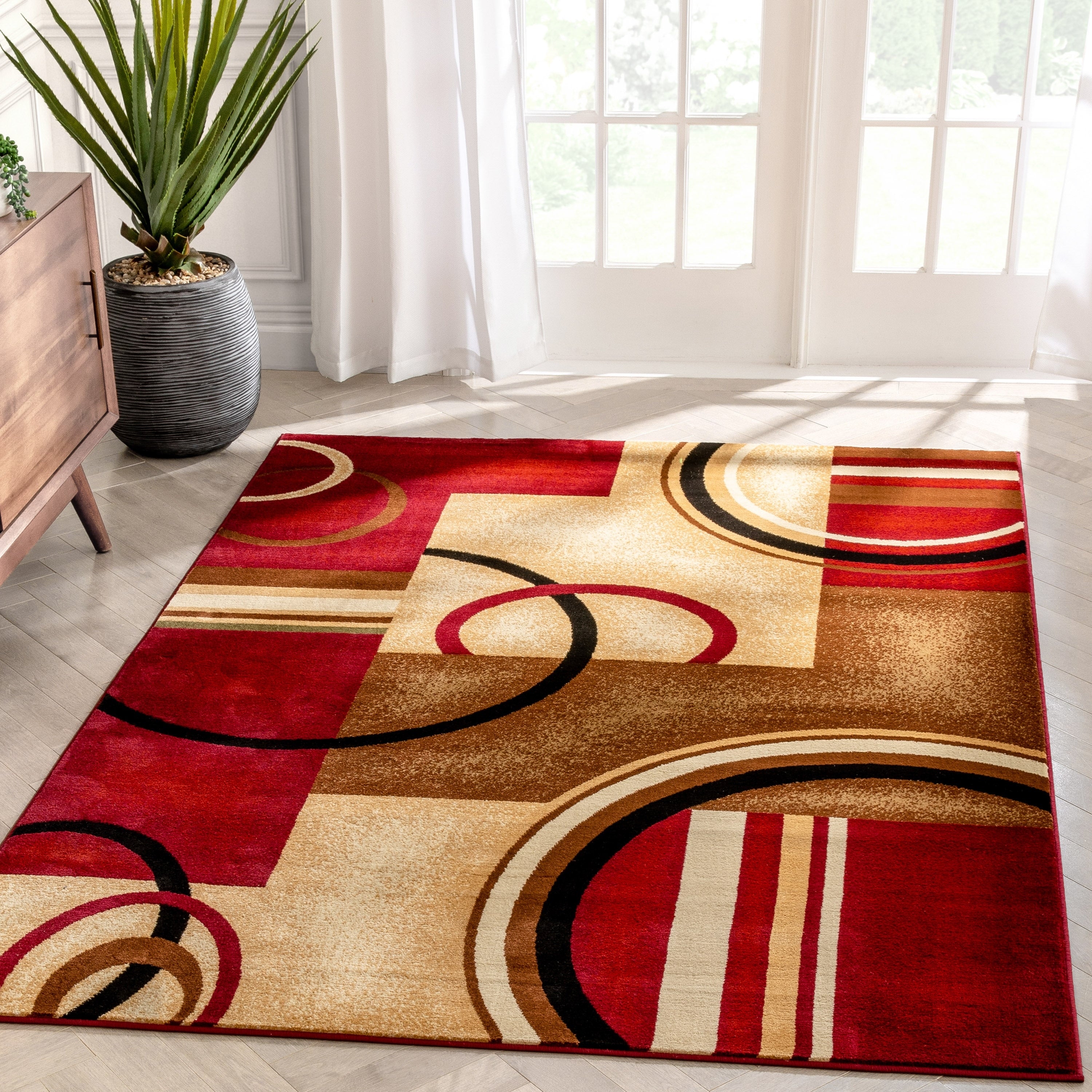 Well Woven Arcs Shapes Red Ivory Beige Modern Circles Boxes Geometric Abstract Area Rug 710 X 910