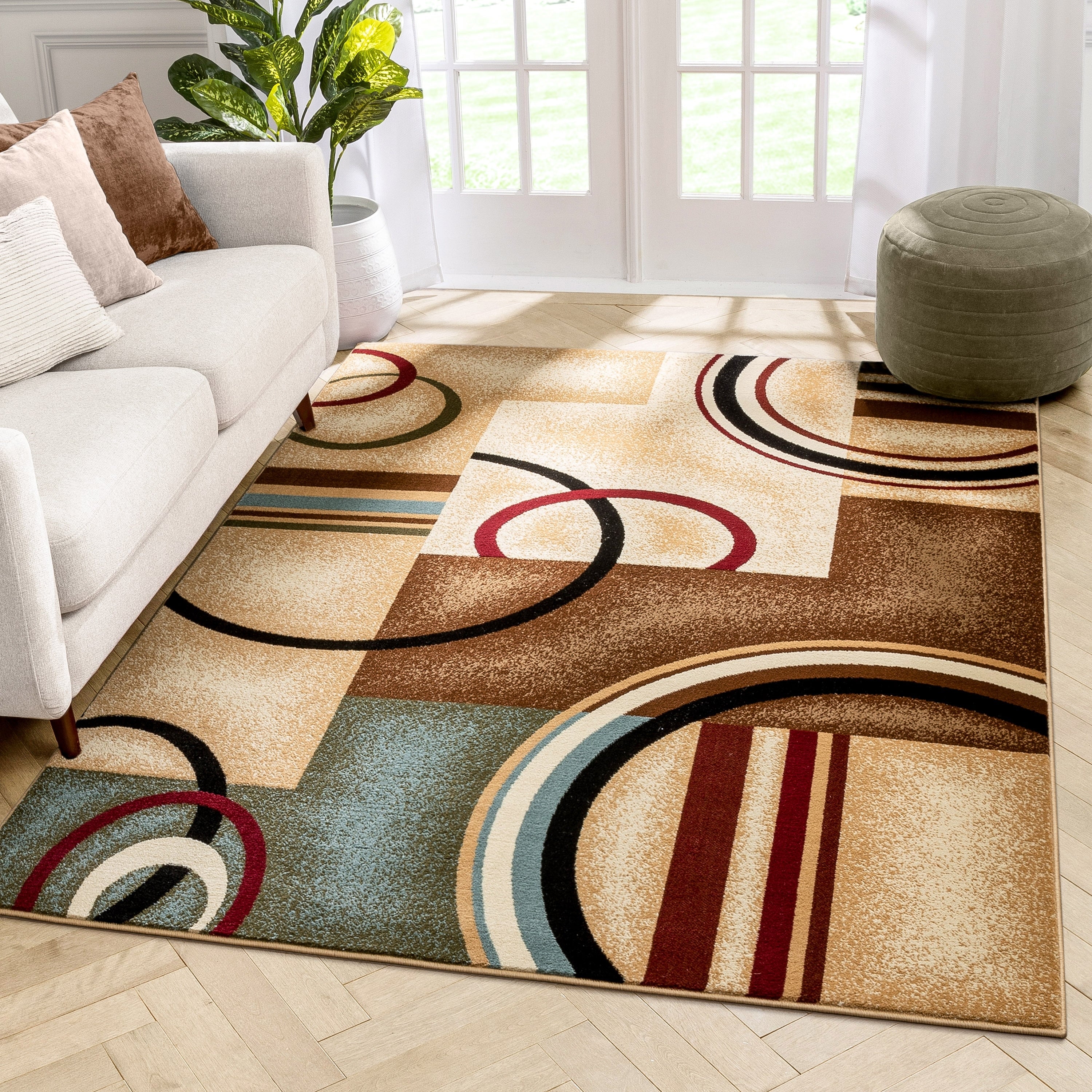 Well Woven Arcs Shapes Natural Modern Abstract Ivory Beige Brown Blue Red Area Rug 53 X 73
