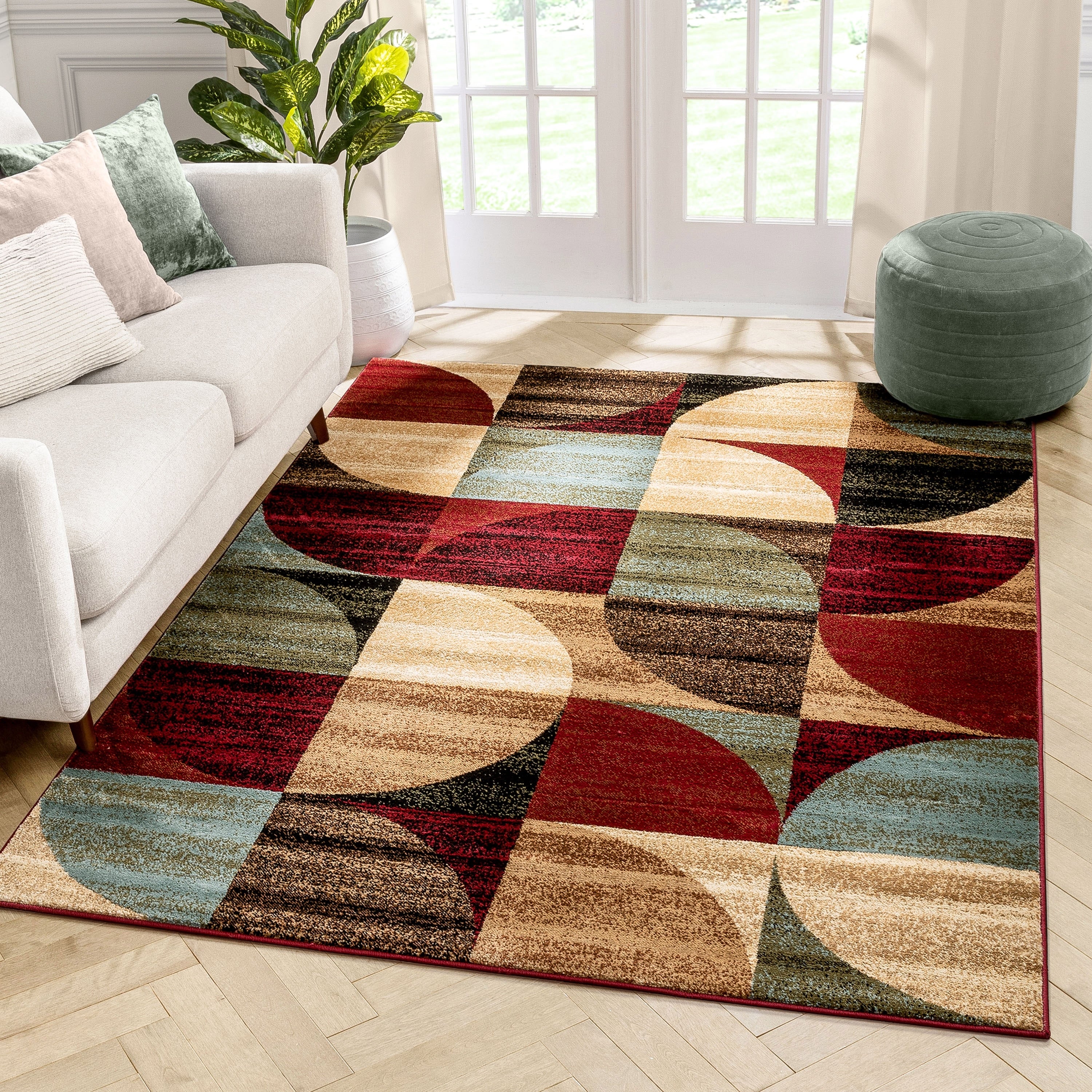 Well Woven Geometric Abstract Patchwork Modern Shapes Ivory Beige Red Blue Brown Area Rug 53 X 73